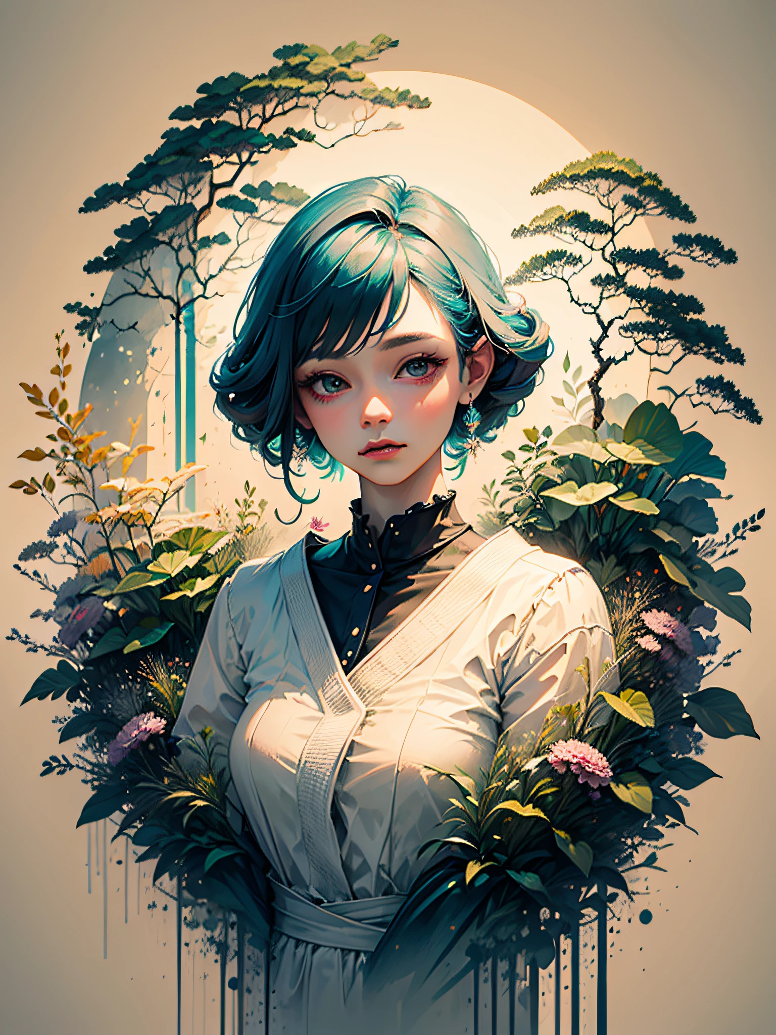 an ultra-realistic and beautiful feminine driada merged with the forest, predominant green color, maximum quality, 8k, bioluminicent illumination, drawn and painted with pencil.