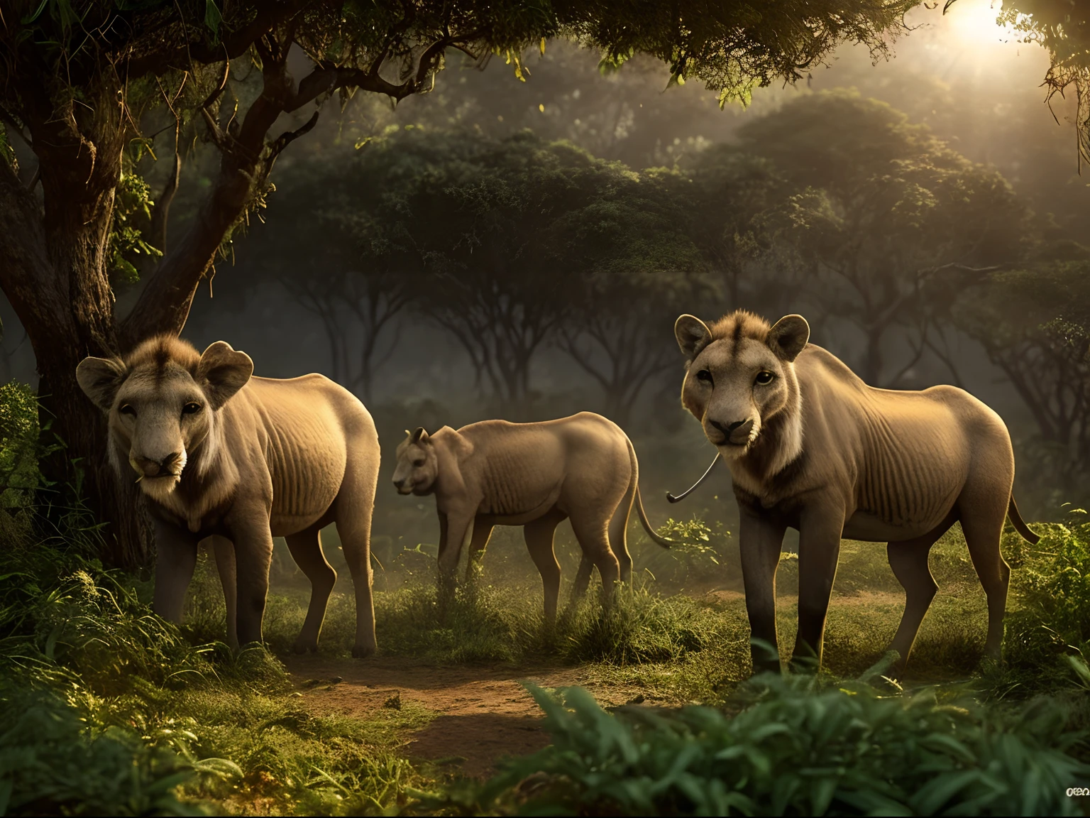 Animal africano com chifres grandes e acentuados,centro da imagem, olhar penetrante, undergrowth, animais com chifres ao longe, Tarde, sol imagem 100% realista,