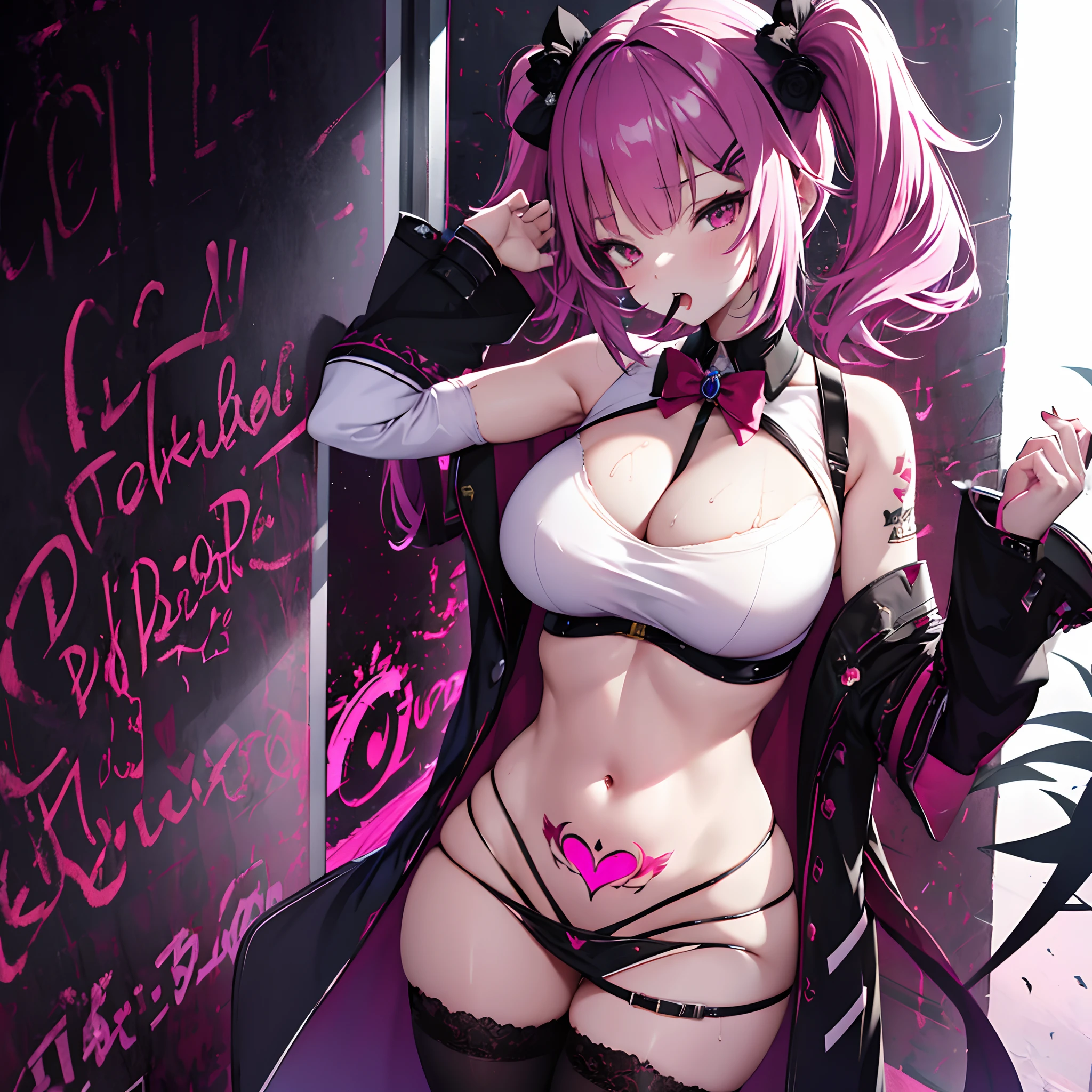 1 girl, solo, Akai_Haato, succubus idol, succubus wings, pink hair with black tups, short hair, twintails with hairbands, red eyes, very large breasts, hand_to_mouth, enticing black crop top, erotic outfit, white mini skirt, translucent black stockings, alien-like woods in background, sexy pose, womb_tattoo