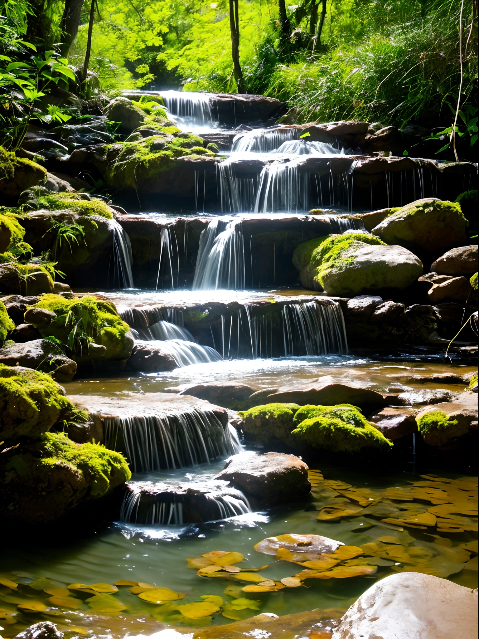 The small waterfall cascades into a lake with clear water, revealing algae and the bottom of the lake. A lotus is seen on the left side of the lake. Under the streams of the waterfall, a woman is bathing."