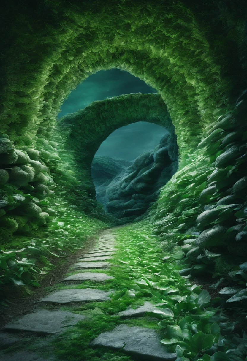 Close-up of a snowy road with green flowers, Tunnel to winter, Portal made of green roses, In a green dream world, Surreal green flowers bloom, Snow cave, The atmosphere of green flowers floating in the sky, Magic Green Flowers, by Anna Haifisch, very magical and dreamy, marc adamus, Truly beautiful nature, Beautiful nature, blossoming path to heaven