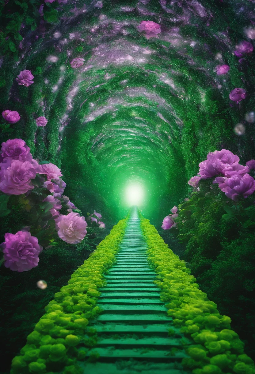 Close-up of a snowy road with green flowers, Tunnel to winter, Portal made of green roses, In a green dream world, Surreal green flowers bloom, Snow cave, The atmosphere of green flowers floating in the sky, Magic Green Flowers, by Anna Haifisch, very magical and dreamy, marc adamus, Truly beautiful nature, Beautiful nature, blossoming path to heaven