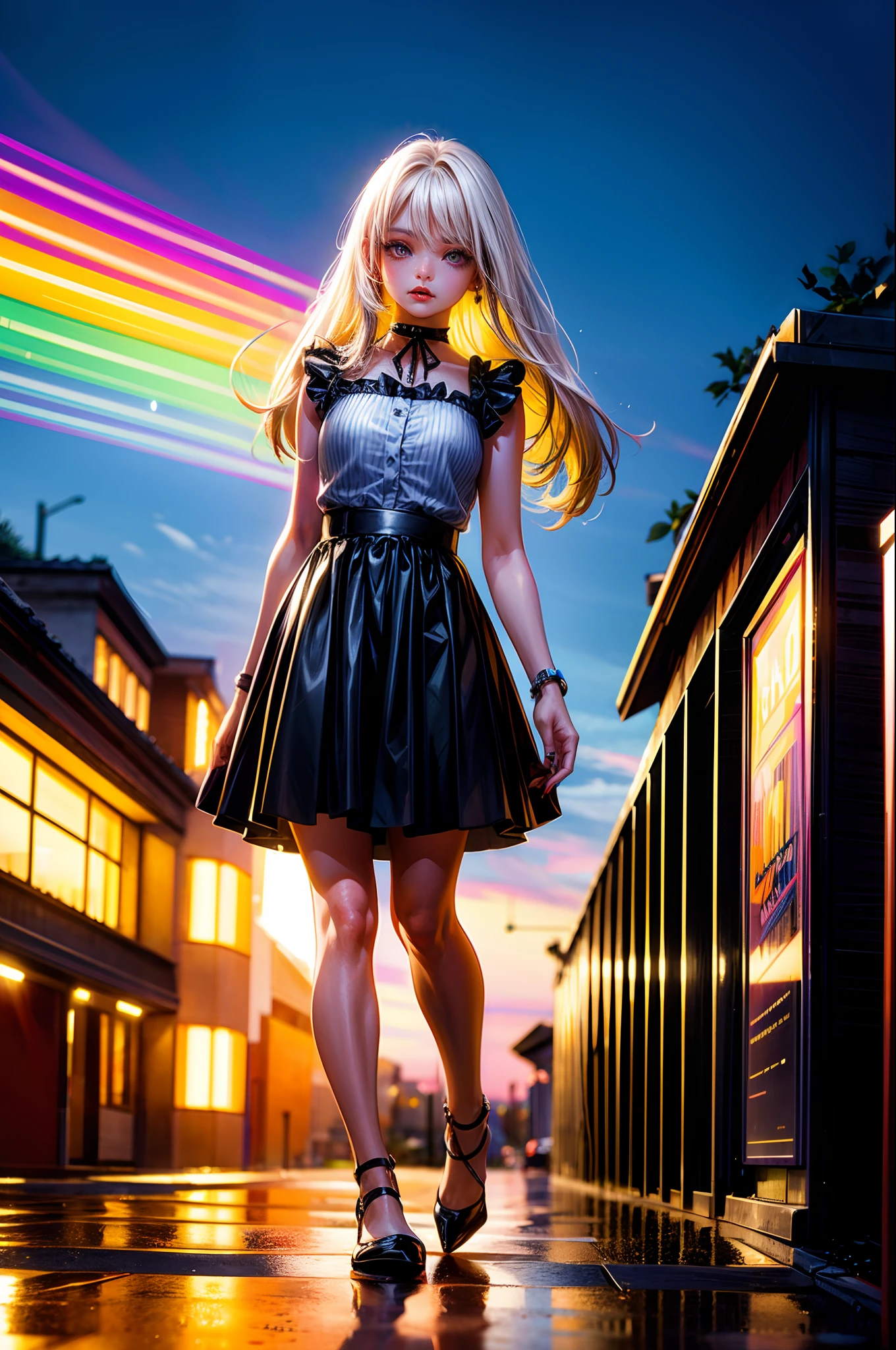 rainbows、Irridescent color、colourfull、top-quality、超A high resolution、(Photorealsitic:1.4)、Female 1 Person、Sleeveless white buttoned shirt、Black skirt、Black Choker、cute little、(Kpop Idle)、(attractiveness:1)、(Platinum Blonde Hair:1)、((Puffy eyes))、Look at the viewer、full body Esbian、Facing the front