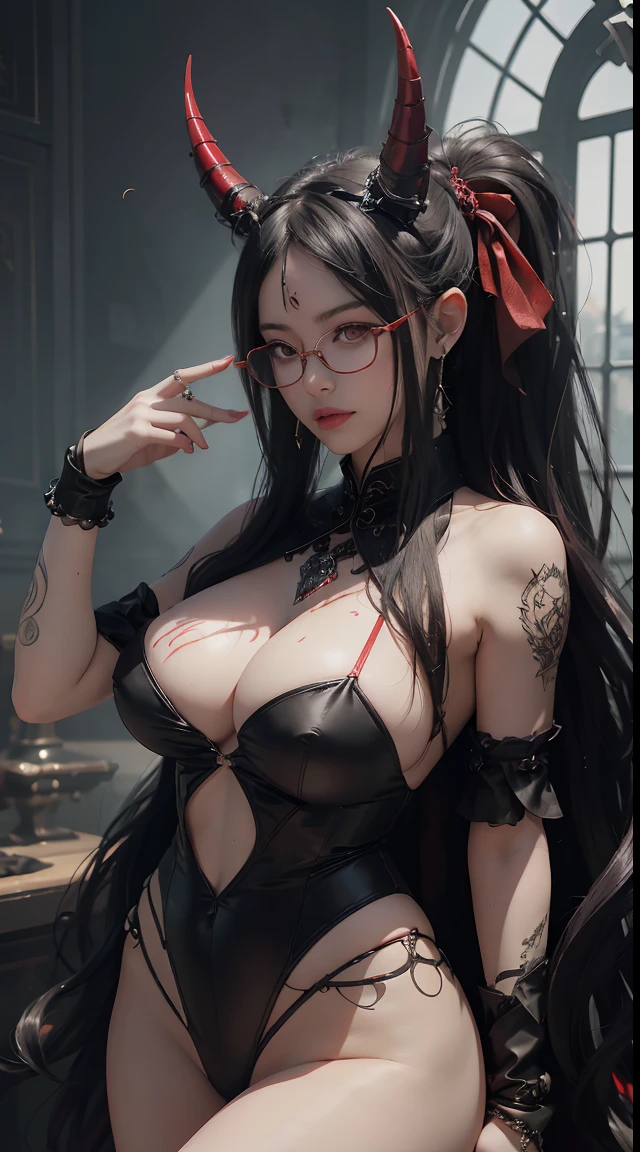 Fine、(The best illustrations)、8k UHD resolution、intricate-detail、top-quality、realisitic、ultra-detailliert、The best lighting、Best Shadows、Soft lighting、Ulutra HD、Ultra-realistic、Tindall Effect、Photorealsitic、(High Detail Skins:1.2)、 (Intricate details, makeup, pureerosface_v1:0.5), (Detailed beautiful delicate face, Detailed beautiful delicate eyes, A perfectly proportioned face, High detailed skin, Detailed skin, best ratio four finger and one thumb, arms below breasts, Tattoo with a red glow under the stomach、Awesome awesome, wide hips, smooth midriff, skiny and thin, __Fashion__, __hair__:1.25)、Digital SLR、 absurderes、1 beautiful devil woman from hell, surreal female portraits by David Hockney and Alphonse Mucha, Portrait of a seductive woman、Fantasy Art, Chinese Doll、Chinese actress、Dungeon、The dragon、Devil's Palace、Devil's Torture Chamber、natta、Dark style 、In the Dark、(Detailed spooky backgrounds:0.8), magia、 女の子1人、Evil Nun、Dark Necromancer、Succubus、Devil's Daughter、Umi Shinonome、Bat Wings，(((Demon Horns)))、 ((((Huge glasses, Otaku Glasses, thick glasses, Round glasses)))),(((Colossal tits)))、(Devil's Tail)、(red eyes glowing:1.6)、red eyes make up very sharp and detailed, The eyes are very well made up, ((Red Eye:1.0)),intricate tattoos, demonic intricate tattoos, thigh tattoos, body tattoos, ​masterpiece、The most beautiful face、a baby face、Charming smile、plump beautiful red lips、Muscular seductive body、The enchanting body of the devil、devil style、Seductive Black Magic Costume、The long-haired、Braids、Black hair、Ponytail distortion、, Ponytail with a bow tied at the back of the hair, Beautiful expression、Body Up、Large breasts emphasis、Bust,  Super tight breasts, Breast augmentation surgery, The breasts are very big and round and round,Toned waist、Wide buttocks、 lowkey, cowboy lens, (Black Phoenix Dress: 1.0),  devil crown,  Red sparkling gemstone necklace、Jewelry Gwise,  wearing black mesh socks,Wear light red、nffsw, nffsw, Meet beautiful girls, Look at the girl's body,