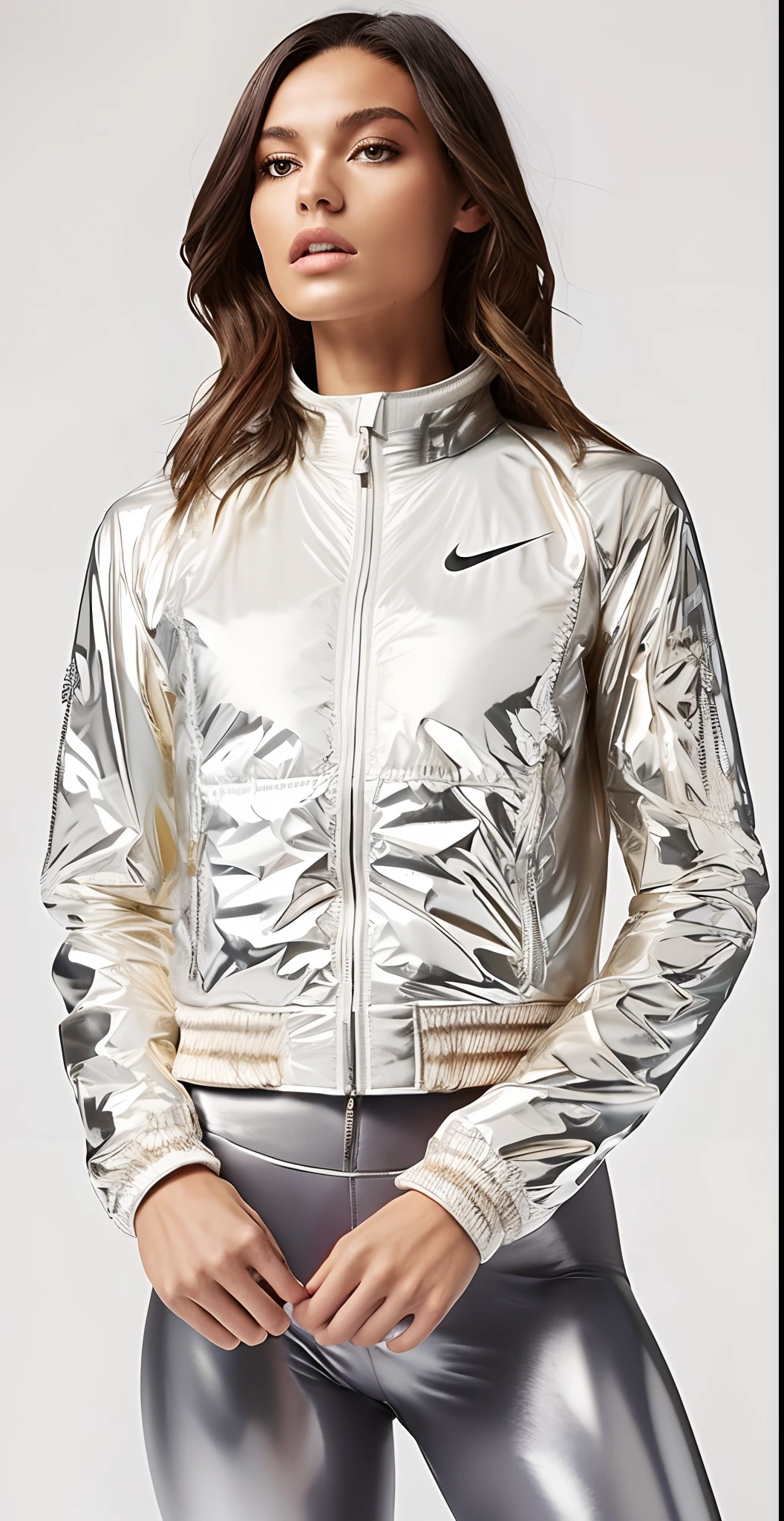 Uma mulher com uma jaqueta branca e leggings cinzas posa para uma foto, suit jacket, jaqueta esportiva, white jacket, jaqueta curta, translucent body, desgaste sutil - e - rasgo, corpo transparente, INSPO, Metal Refletivo, jaqueta sobre tronco nu, skin reflective metallic, Fato de ciclismo Nike, Reflective metal, encapuzado, roupas esportivas, jaqueta bomber, roupas esportivas, wearing jacket