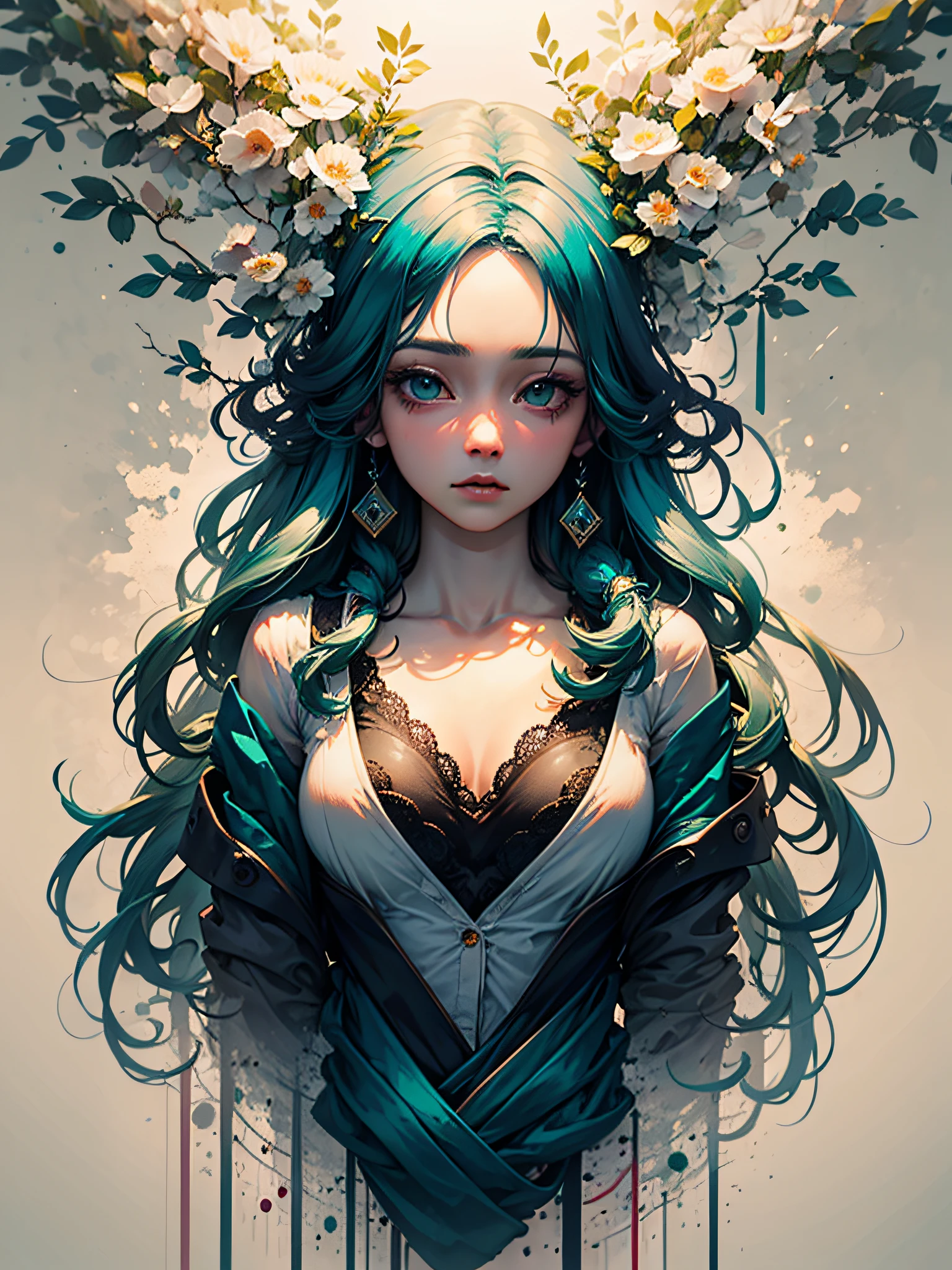 an ultra-realistic and beautiful feminine driada merged with the forest, predominant green color, maximum quality, 8k, bioluminicent illumination, drawn and painted with pencil.