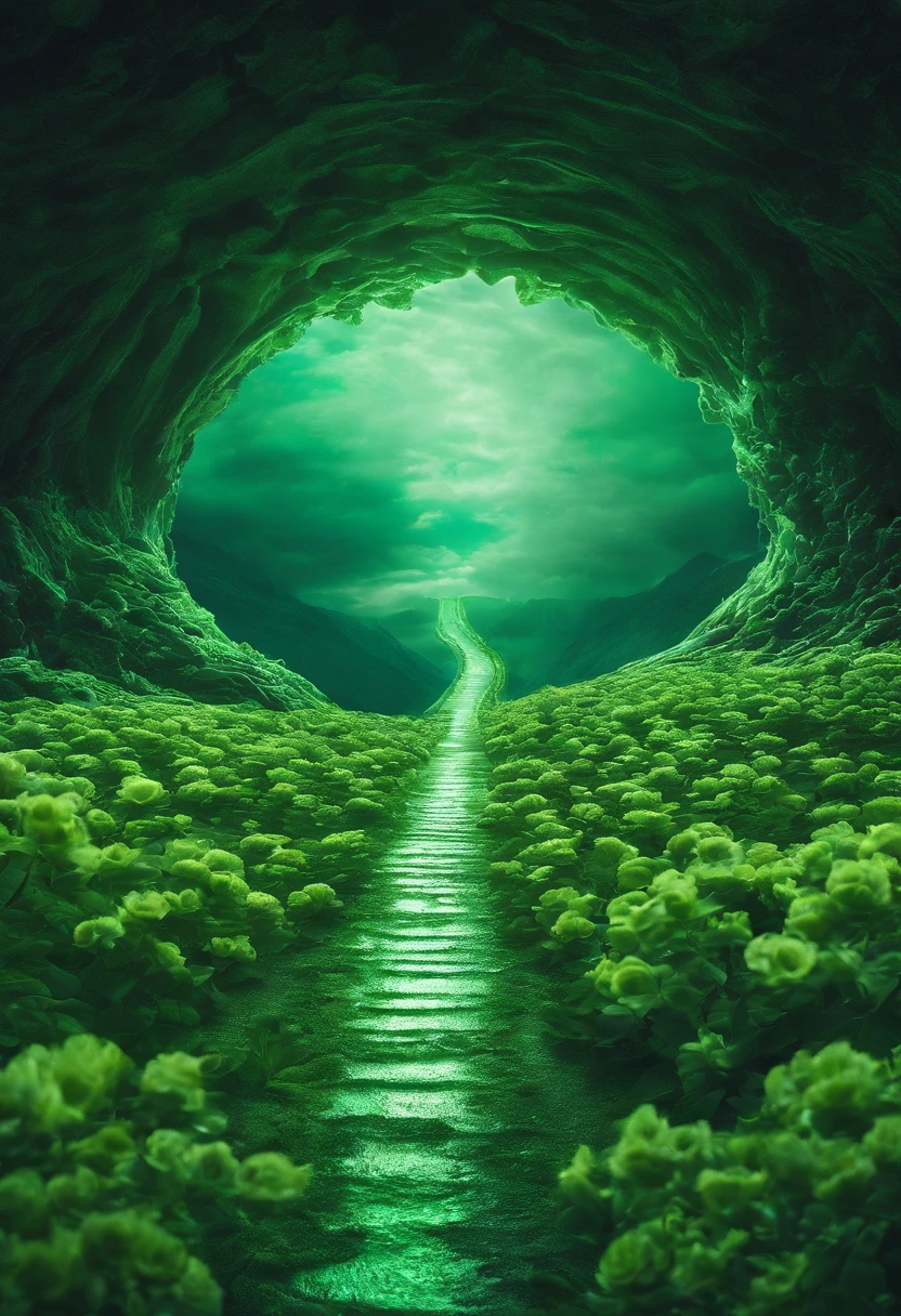 Close-up of snowy road with green flowers, Tunnel to winter, Portal made of green roses, In a green dream world, Surreal green flowers bloom, Snow cave, The atmosphere of green flowers floating in the sky, Magic Green Flowers, by Anna Haifisch, very magical and dreamy, marc adamus, Truly beautiful nature, Beautiful nature, blossoming path to heaven