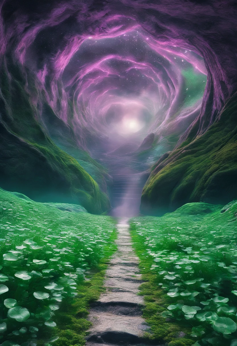 Close-up of snowy road with green flowers, Tunnel to winter, Portal made of green roses, In a green dream world, Surreal green flowers bloom, Snow cave, The atmosphere of green flowers floating in the sky, Magic Green Flowers, by Anna Haifisch, very magical and dreamy, marc adamus, Truly beautiful nature, Beautiful nature, blossoming path to heaven