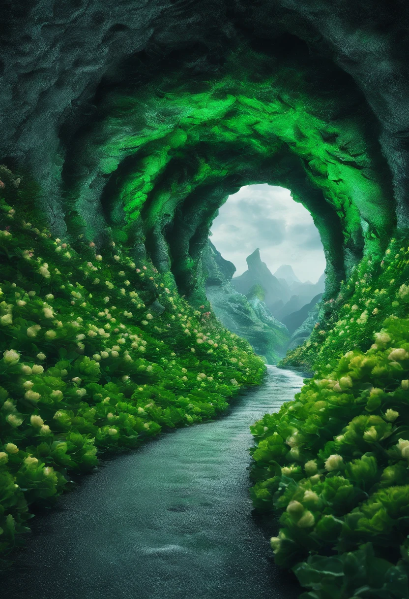 Close-up of snowy road with green flowers, Tunnel to winter, Portal made of green roses, In a green dream world, Surreal green flowers bloom, Snow cave, The atmosphere of green flowers floating in the sky, Magic Green Flowers, by Anna Haifisch, very magical and dreamy, marc adamus, Truly beautiful nature, Beautiful nature, blossoming path to heaven
