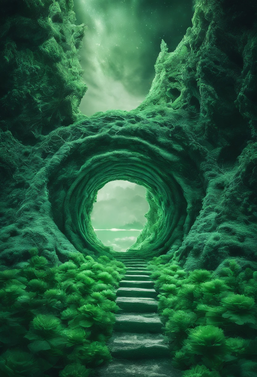 Close-up of snowy road with green flowers, Tunnel to winter, Portal made of green roses, In a green dream world, Surreal green flowers bloom, Snow cave, The atmosphere of green flowers floating in the sky, Magic Green Flowers, by Anna Haifisch, very magical and dreamy, marc adamus, Truly beautiful nature, Beautiful nature, blossoming path to heaven