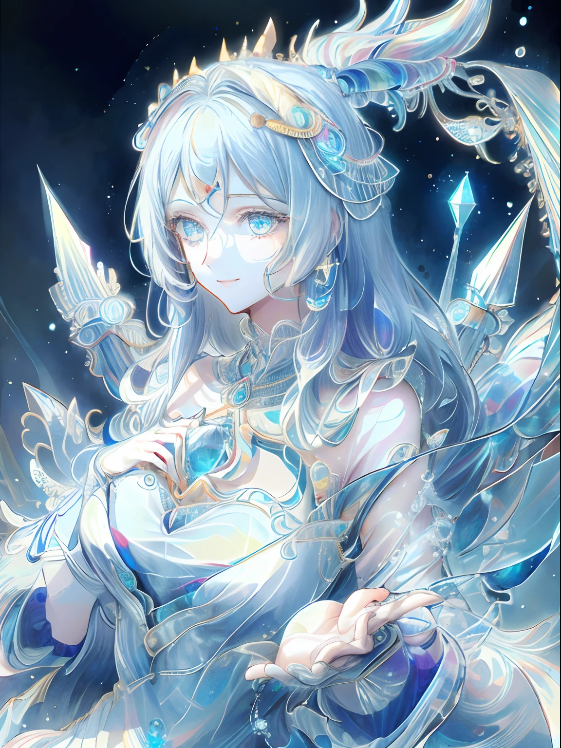 ​masterpiece: 1.7, top-quality、(Highly detailed CG、ultra-detailliert、Best Shadow:1.2)、独奏、The upper part of the body、Painterly、sketch、Paper texture、超A high resolution、extra detailed face、Highly detailed eyes、flat-colors、limited pallete、Low contrast、realisitic、The best lighting、goddes、a matural female、Beautuful Women、Jewel Eyes、White hair、Straight hair、blue gemstone、Holding a blue gem in both hands、a little bit smile、Well-formed hands、normal hands、blanche:1.3、(Zentangle、a Mandala、Tangle、Entangle:1.1)、stars on background、Fine Gemstones