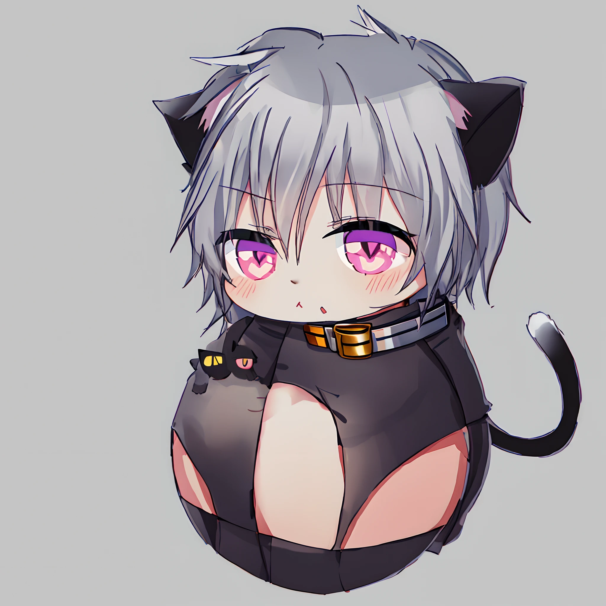 a drawing of a cat with a collar and a collar around its neck, thick lineart, clean lineart, clean anime outlines, thick black lineart, simple lineart, anime cat, sora as a cat, lineart, fat chibi grey cat, holding a pudica pose, neferpitou, emo boy with cat ears and tail