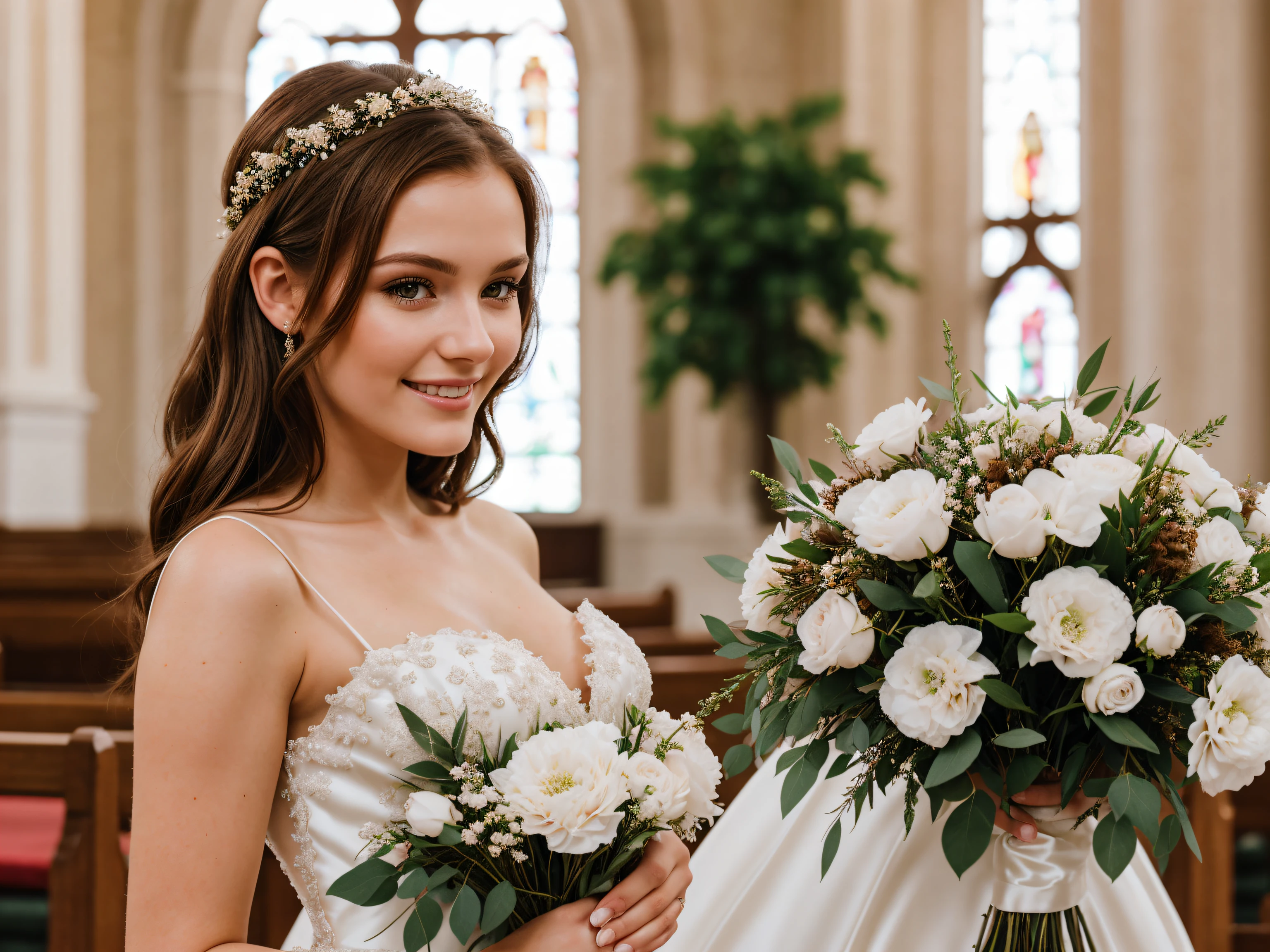 (close-up editorial photo of 20 yo woman, brown hair, slim russian sweetheart), wearing a weading dress, holding flowers, looking really happy, Blurred background of a church, high quality, good lighting, f1.2, Canon 85mm, pefect, detailed dress, white wedding dress, detailed sticking.