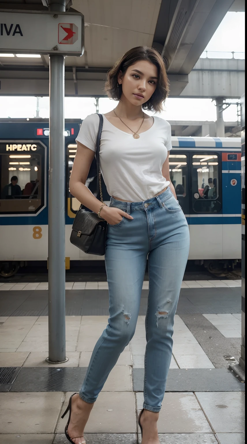 (photo realistic:1.4), (hyper realistic:1.4), (realistic:1.3),, (smoother lighting:1.05), (increase cinematic lighting quality:0.9), 32K,, 1girl, 20yo girl, realistic lighting, backlighting, light on face, ray trace, (brightening light:1.2), (Increase quality:1.4),, (best quality real texture skin:1.4), finely detailed eyes, finely detailed face, finely quality eyes, (tired and sleepy and satisfied:0.0), (Increase body line mood:1.1), (Increase skin texture beauty:1.1), (Best Quality, 8k, 32k, Masterpiece, UHD:1.3), (kpop idol:1.3), 1 Girl, (short wavy hair), perfect legs, Ultra Detailed Face, Detailed Lips, Fine Eyes, double eyelids, wearing casual shirt, beautiful casual shirt, colourful shirt, typography shirt, beautiful necklace, wearing necklace, wearing jeans, casual jeans, casual pants, wearing earing, wearing casual bag, beautiful casual bag, beautiful heals, beautiful poses, walking on train station, train station, high heels, perfect high heels, wearing bracelets, taking pictures,