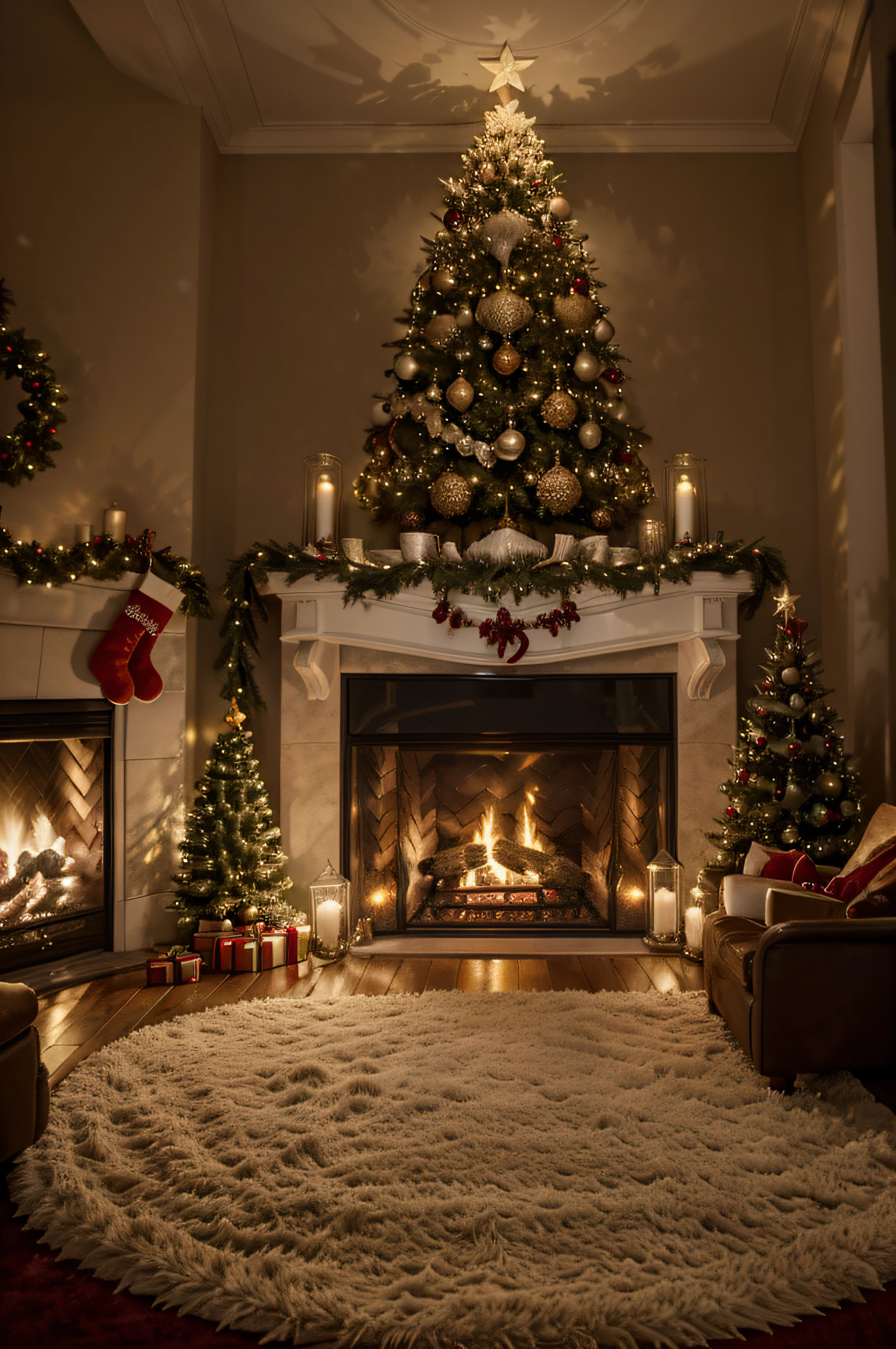 An indoor Christmas tree scene with a fireplace:
(best quality,4k,8k,highres,masterpiece:1.2),ultra-detailed,(realistic,photorealistic,photo-realistic:1.37),Christmas tree with beautiful ornaments and lights, crackling fire in the fireplace, cozy atmosphere, warm glow from the fireplace, flickering candlelight, stockings hanging from the mantel, luxurious fur rug in front of the fireplace, elegant decorations, shimmering tinsel, sparkling garlands, snowflakes gently falling outside the window, presents under the tree, reflections of the lights on the ornaments, smiling family gathering around the tree, soft and inviting colors, joyful and festive atmosphere, comfortable armchair by the fireplace, nostalgic holiday feeling, peaceful and serene ambiance, traditional Christmas music playing in the background, delicious aroma of freshly baked cookies, feeling of love and togetherness, magical and enchanting scene.