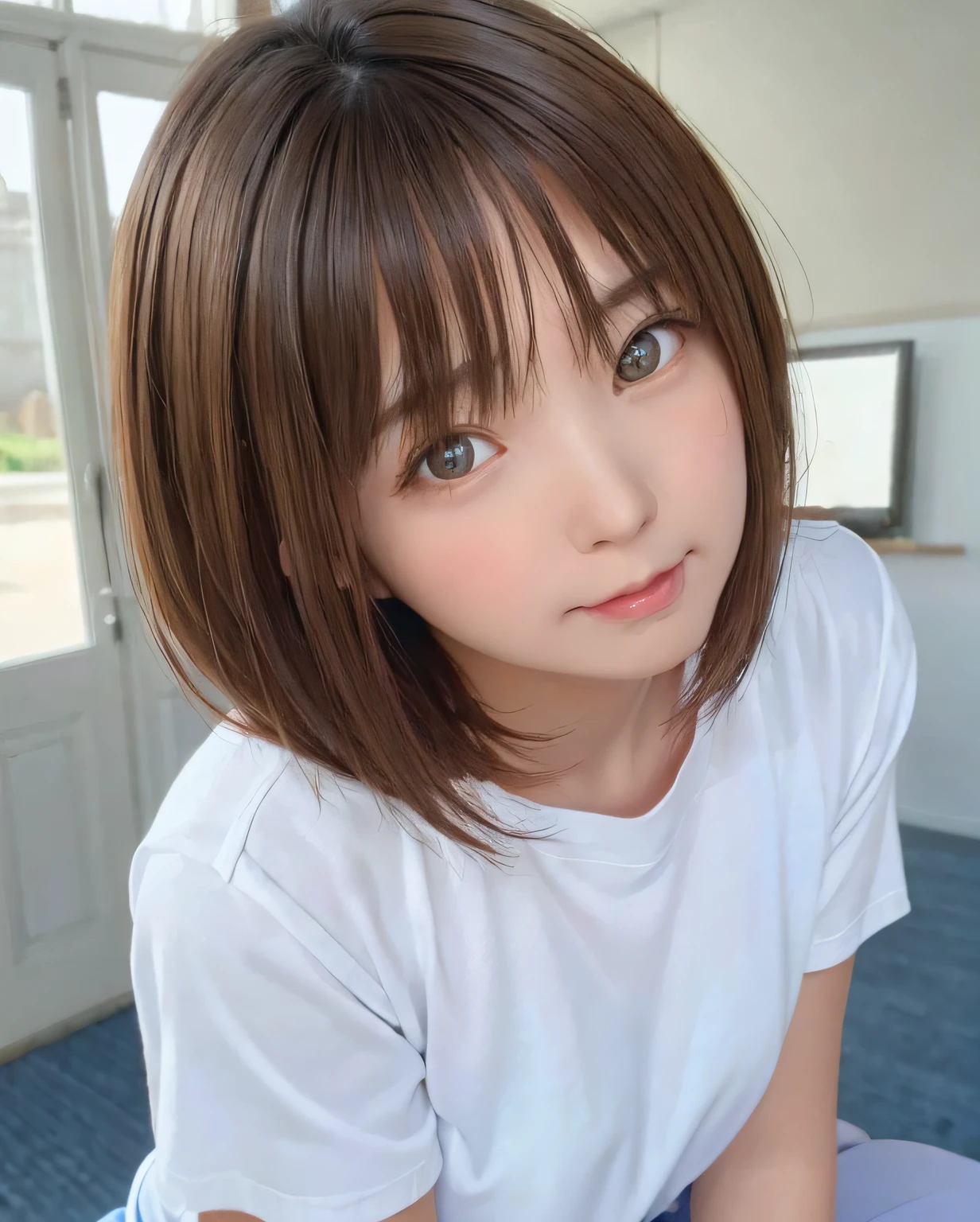 Cute high school girl looking at the camera、Summer uniform, Best Quality, Photorealistic, 8K, hight resolution, fulcolor, 1girll, Woman, Female, , (Closed mouth:1.73), Schools, ‎Classroom，Bring skin care products closer to the cheeks，With fair skin，semi transparent， view the viewer:1.8, (1girl eyes looking at viewer:1.55), (Medium Hair, brown haired, parted hair:1.45), (Bokeh),