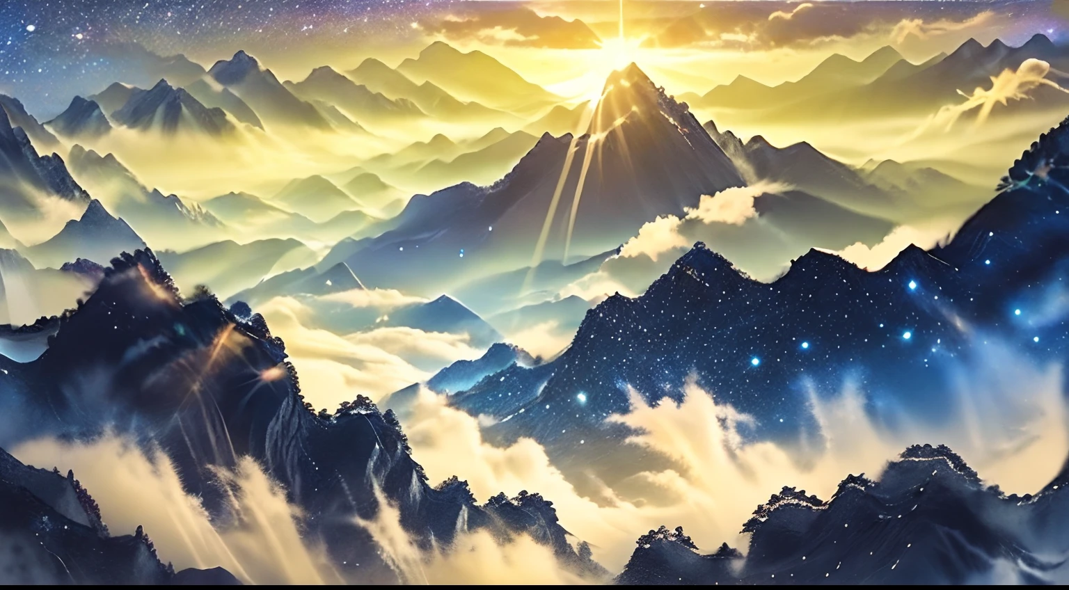Mountains are at the top of the frame, The starry sky is at the bottom of the frame, Occupies frame 60%The silver USB flash drive is in the middle of the picture, A whisk is placed under the USB flash drive, The picture ratio is 768×431, drop shadow, god rays, 1080P