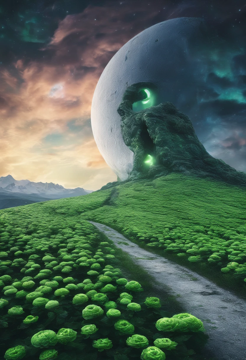 Close-up of snowy road with green flowers, Tunnel to winter, Portal made of green roses, In a green dream world, Surreal green flowers bloom, Snow cave, The atmosphere of green flowers floating in the sky, Magic Green Flowers, by Anna Haifisch, very magical and dreamy, marc adamus, Truly beautiful nature, Beautiful nature, blossoming path to heaven