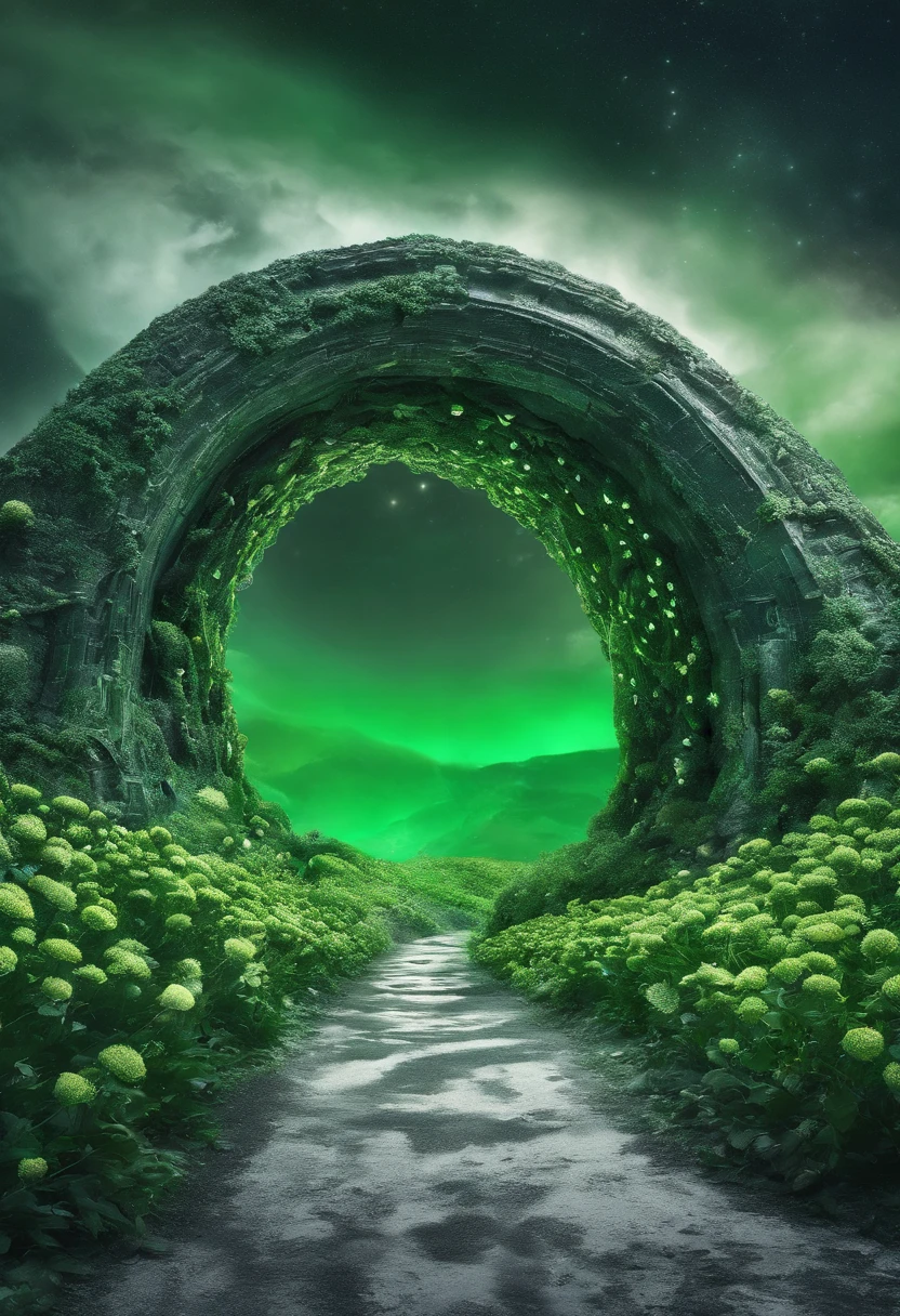 Close-up of snowy road with green flowers, Tunnel to winter, Portal made of green roses, In a green dream world, Surreal green flowers bloom, Snow cave, The atmosphere of green flowers floating in the sky, Magic Green Flowers, by Anna Haifisch, very magical and dreamy, marc adamus, Truly beautiful nature, Beautiful nature, blossoming path to heaven