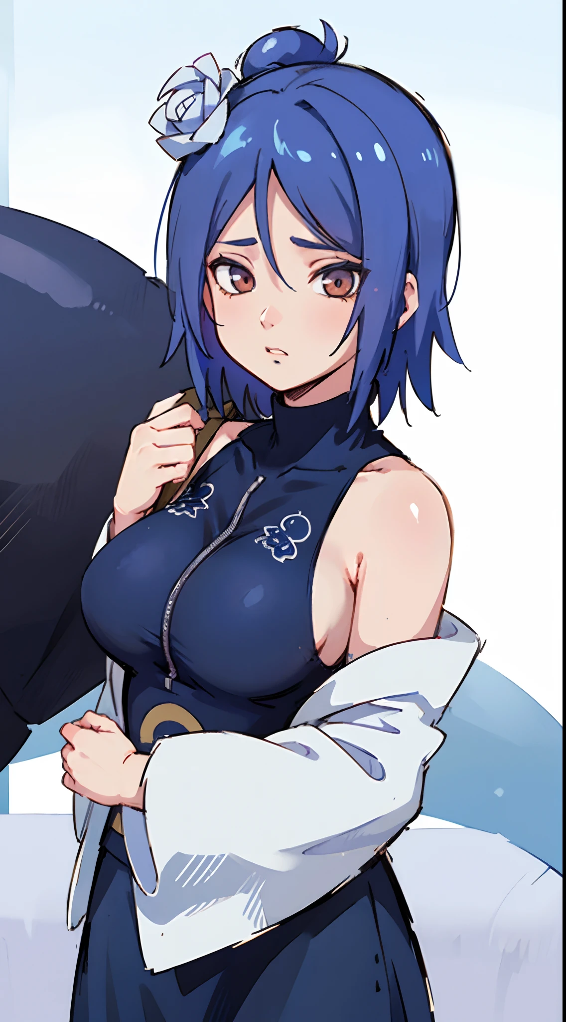 one-girl，（Off-the-shoulder attire:1.5)，Large breasts，（best qualtiy），（tmasterpiece）
Xiaonan\（Naruto\），（AKATSUKI OUTFIT：1.1），La Brett piercing，dardark blue hair