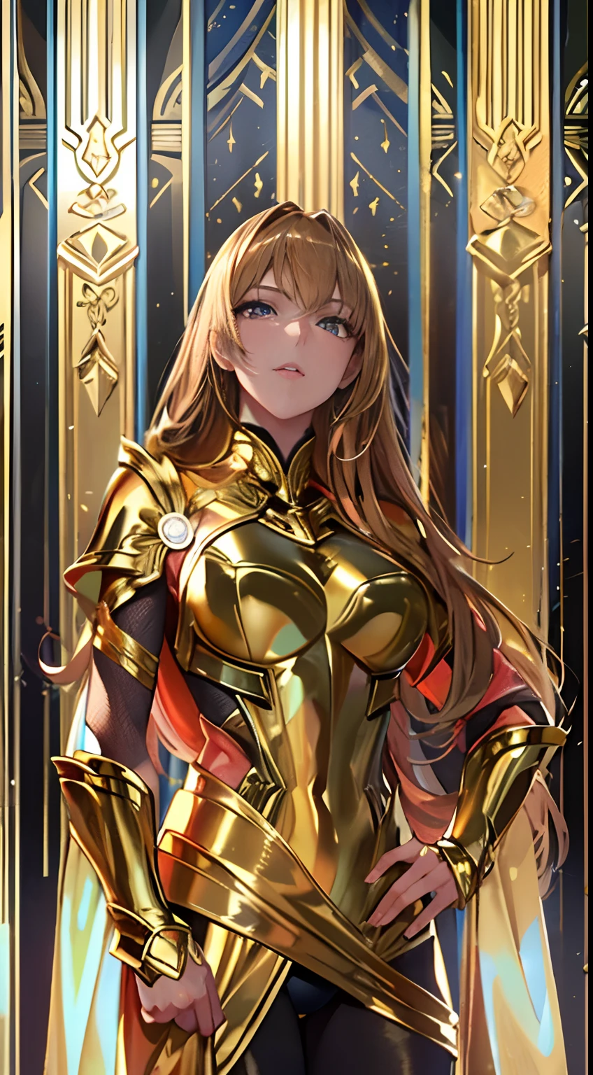 A woman in armor standing in front of a golden door - SeaArt AI