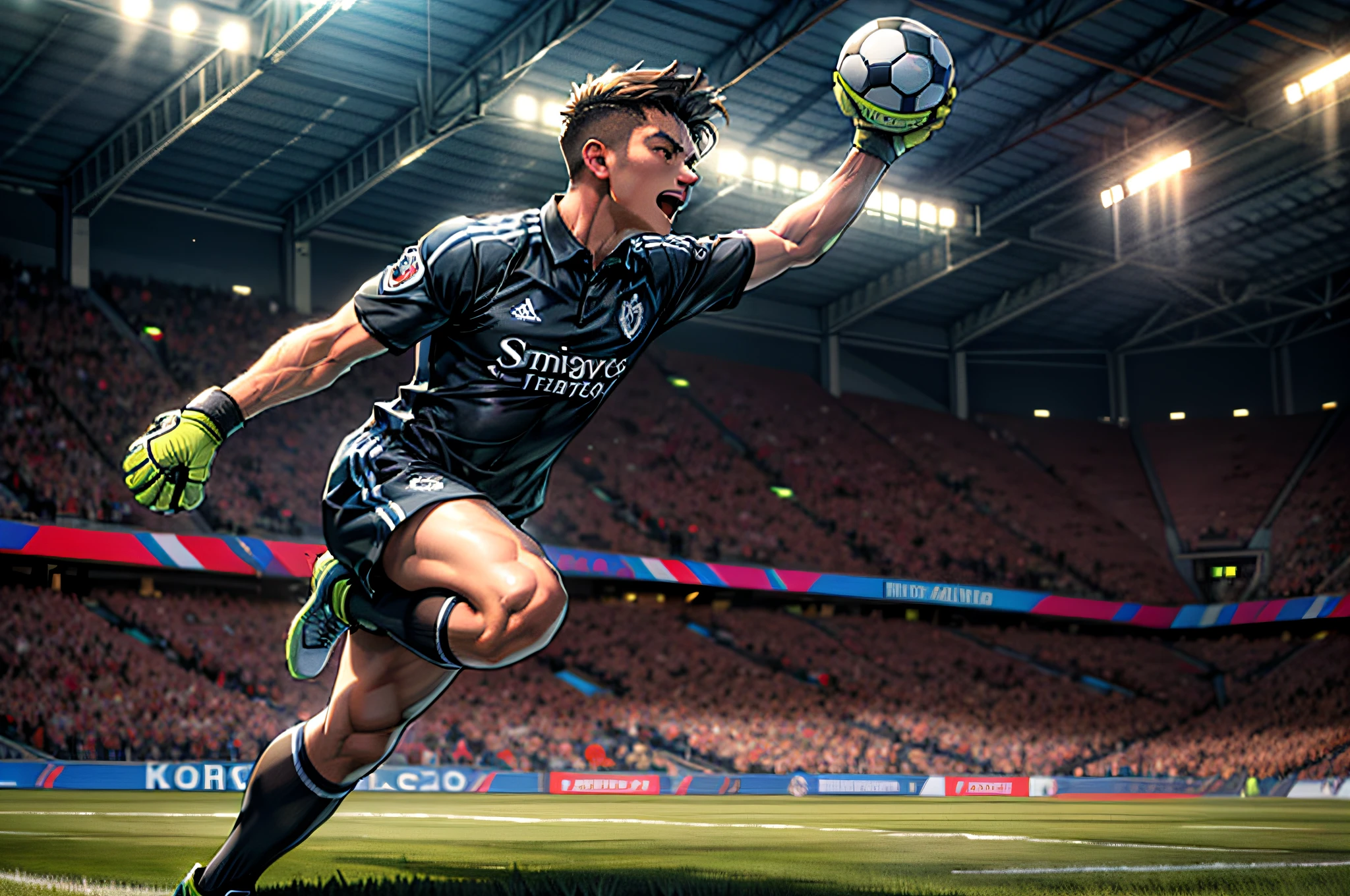 (best quality, 4k, 8k, high resolution, masterpiece: 1.2), ultra detailed, (realistic, photorealistic, photorealistic: 1.37),(best quality, highres, vivid colors), soccer game, energetic players, passionate fans, intense competition, stadium lights, dynamic movement, powerful kicks, precise passes, strategic tactics, thrilling goals, celebratory cheers, dribbling skills, goalie saves, referee whistle, team jerseys, stadium atmosphere, cheering crowd, grass field, cheering supporters, adrenaline rush