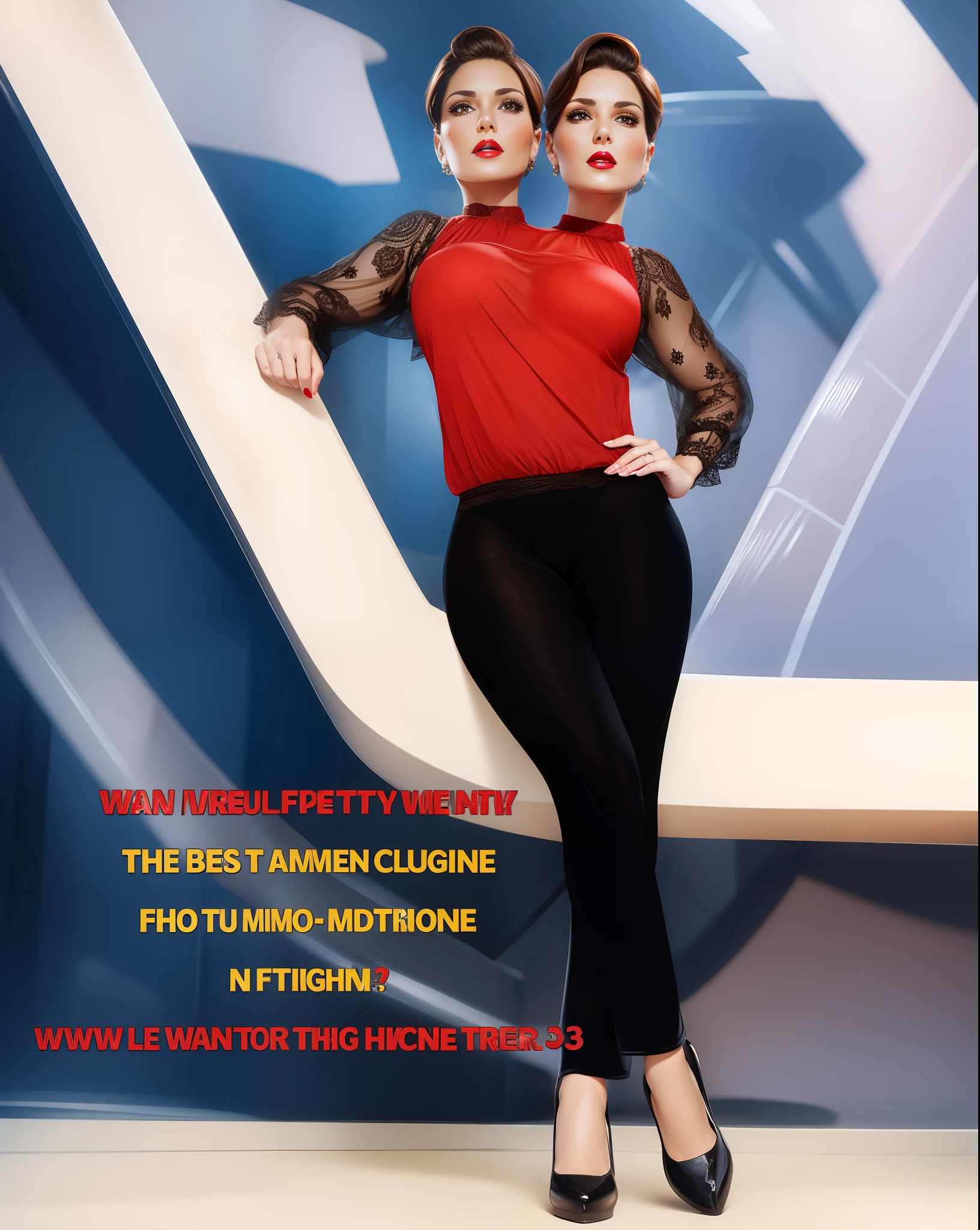 2 heads,Portrait of a 40-year-old woman with brown hair, a captivating gaze, Brown eyes, Wrinkles on her face, Black pantyhose,She wears very sexy lingerie that reveals her big sagging breasts, Light makeup and red lips. 32K