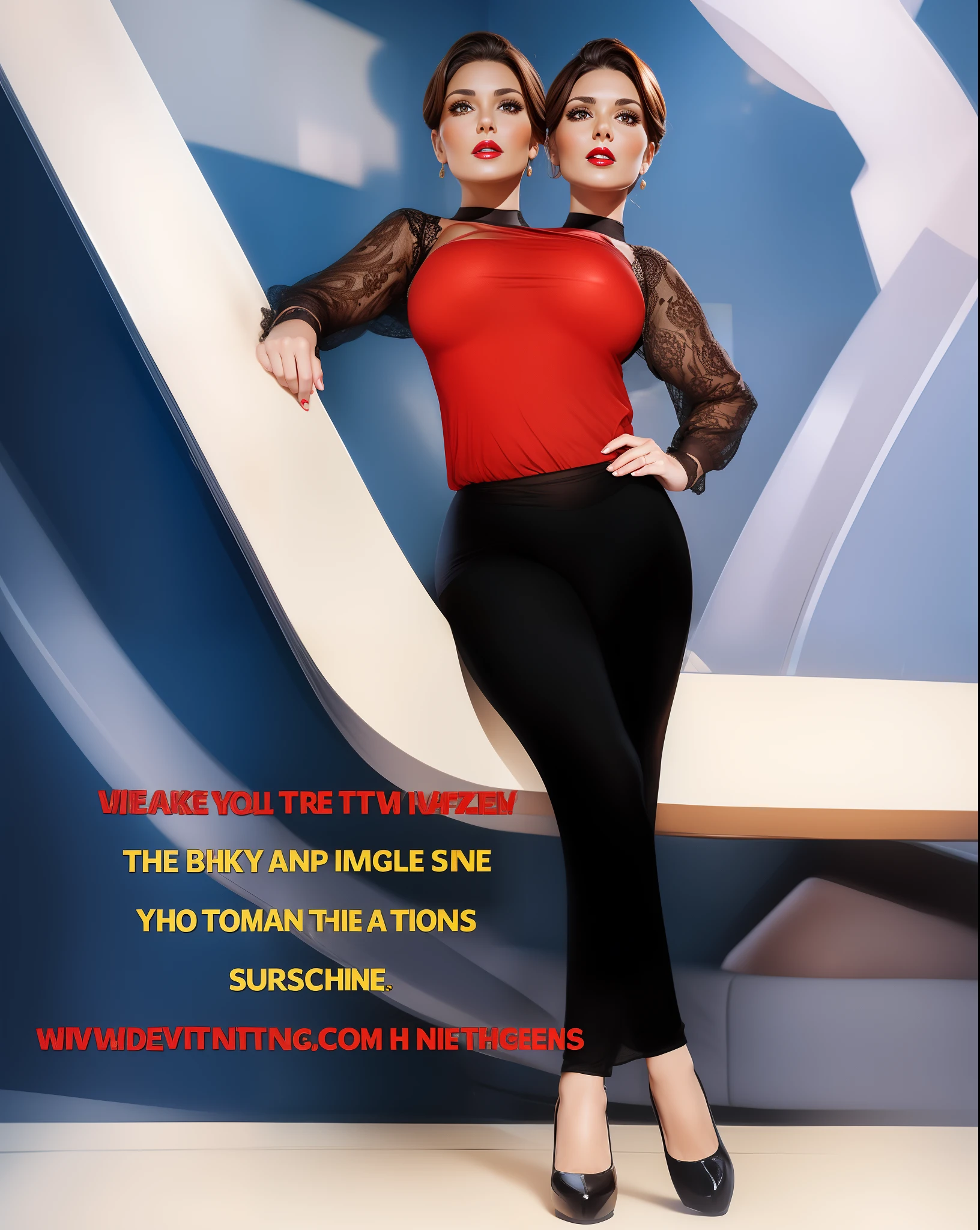 2 heads,Portrait of a 40-year-old woman with brown hair, a captivating gaze, Brown eyes, Wrinkles on her face, Black pantyhose,She wears very sexy lingerie that reveals her big sagging breasts, Light makeup and red lips. 32K