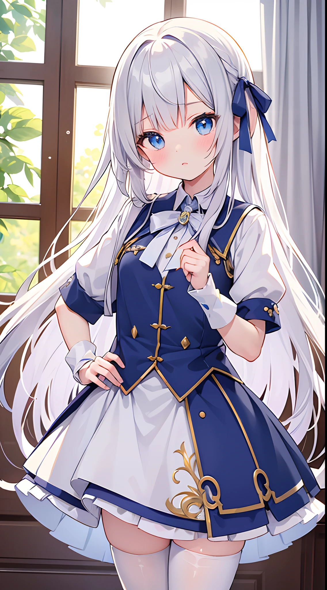 Whole body diagram，tmasterpiece，best qualtiy，超高分辨率, 4K分辨率，solo person，Fantasy theme，Western fantasy，Western-style college，College uniforms，magical  girl，Long silver hair，long eyelasher，a beauty girl，Poor milk，white stockings，The expression is indifferent，Light blue eyes，Clear eyes，Hair ribbon，Gentle looking，By bangs，sharp and clear focus，Correct hands，Get detailed interior lighting and movie lighting, Add detailed overall ambient light, Facial and eye details, Correct hand details，Correct human proportions，sharp and clear focus, Bright eyes,, Sony Master Lens