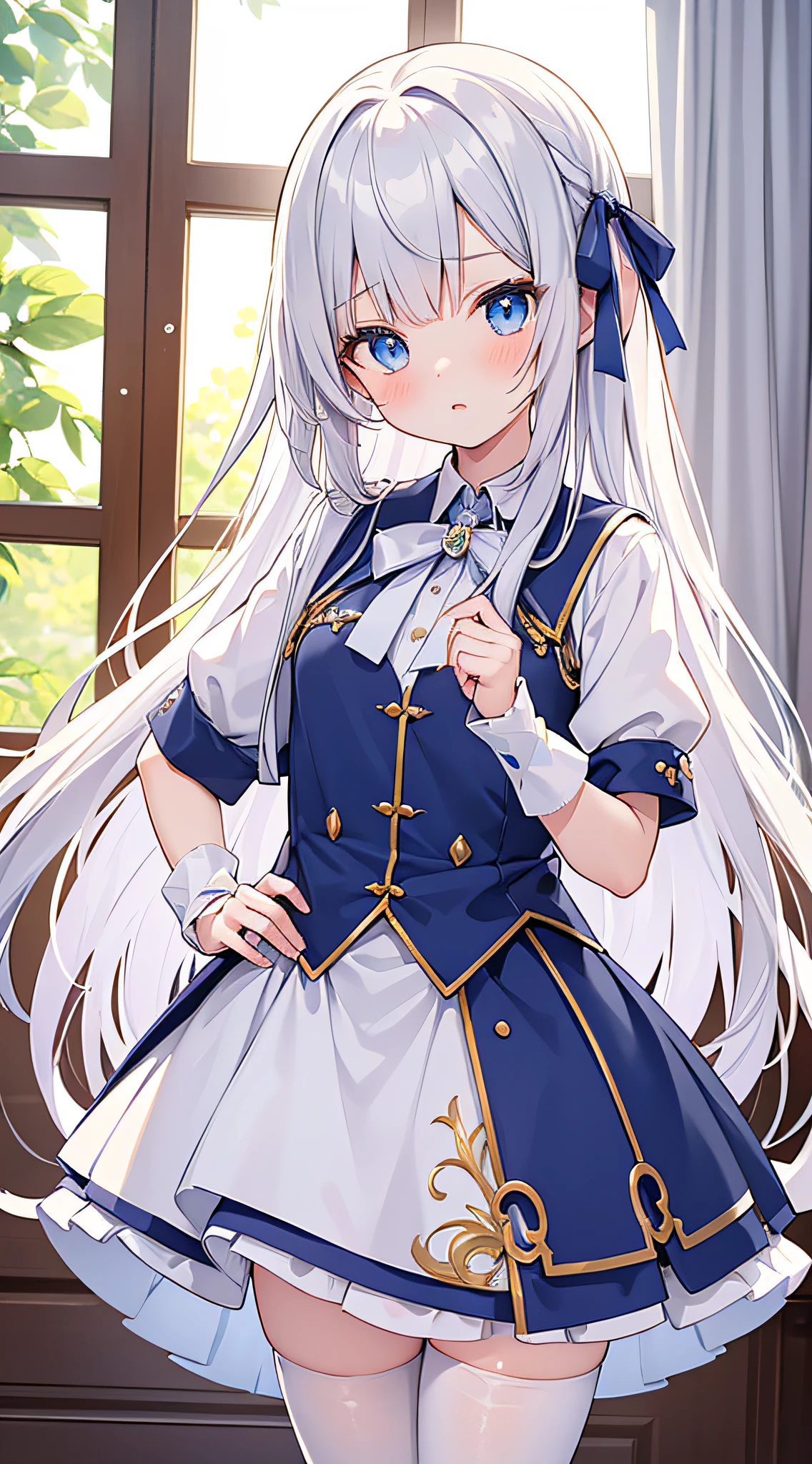 Whole body diagram，tmasterpiece，best qualtiy，超高分辨率, 4K分辨率，solo person，Fantasy theme，Western fantasy，Western-style college，College uniforms，magical ***********，Long silver hair，long eyelasher，a beauty girl，Poor milk，white stockings，The expression is indifferent，Light blue eyes，Clear eyes，Hair ribbon，Gentle looking，By bangs，sharp and clear focus，Correct hands，Get detailed interior lighting and movie lighting, Add detailed overall ambient light, Facial and eye details, Correct hand details，Correct human proportions，sharp and clear focus, Bright eyes,, Sony Master Lens