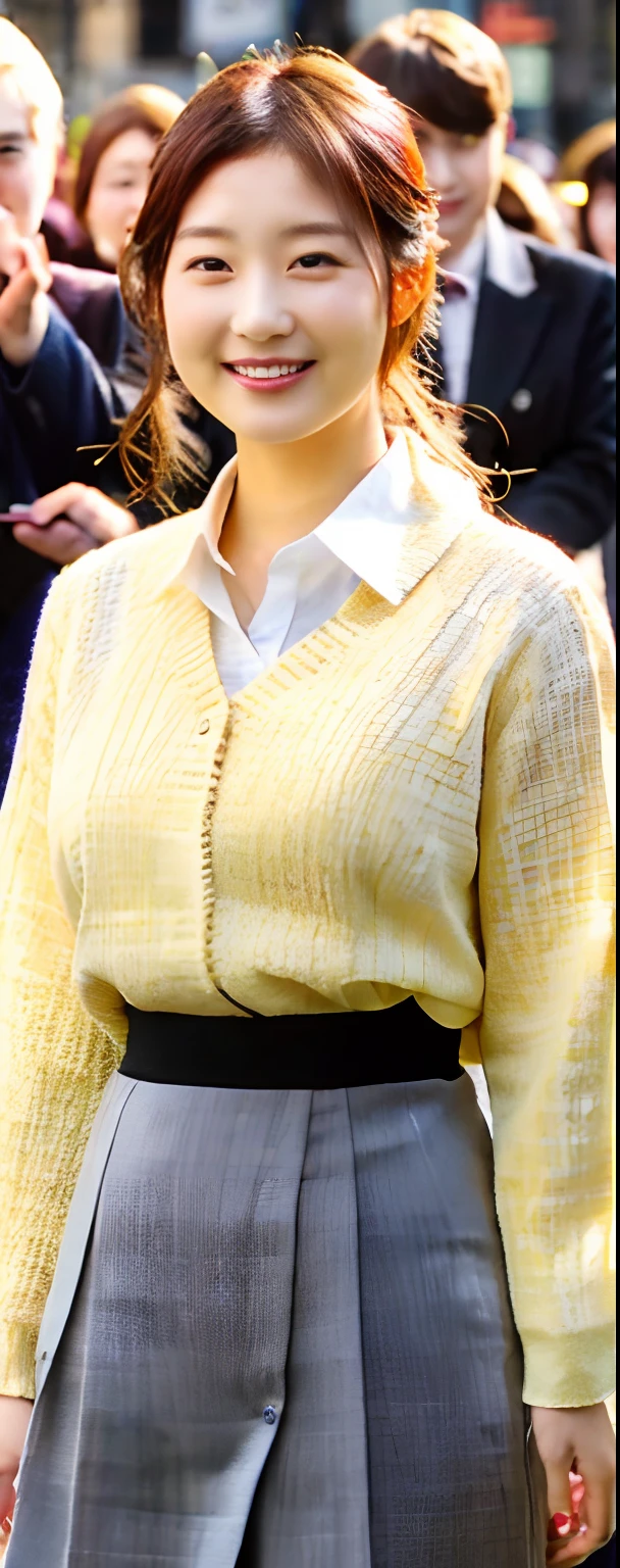 (8k, RAW photos, top quality, masterpiece: 1.2, ultra detailed, super resolution, real photos: 1.37), (Full body photo), 1 noble elegant Japanese lady, (standing contrapposte), ((pale color coodinate amber peach light brown other color, wearing over-size short autumn coat, beige long skirt, inner shirt, black tights, wearing loafers)), Shiny, Smile, Looks like 1.8 meters tall, large pelvis, Large breasts, big cuvy hips, Thin waist, Long legs, skin hyper-detail, 20 years old, Perfect face, (Detailed facial features), Wavy hair, Daylight, autumn season, center of street, crowd of people,