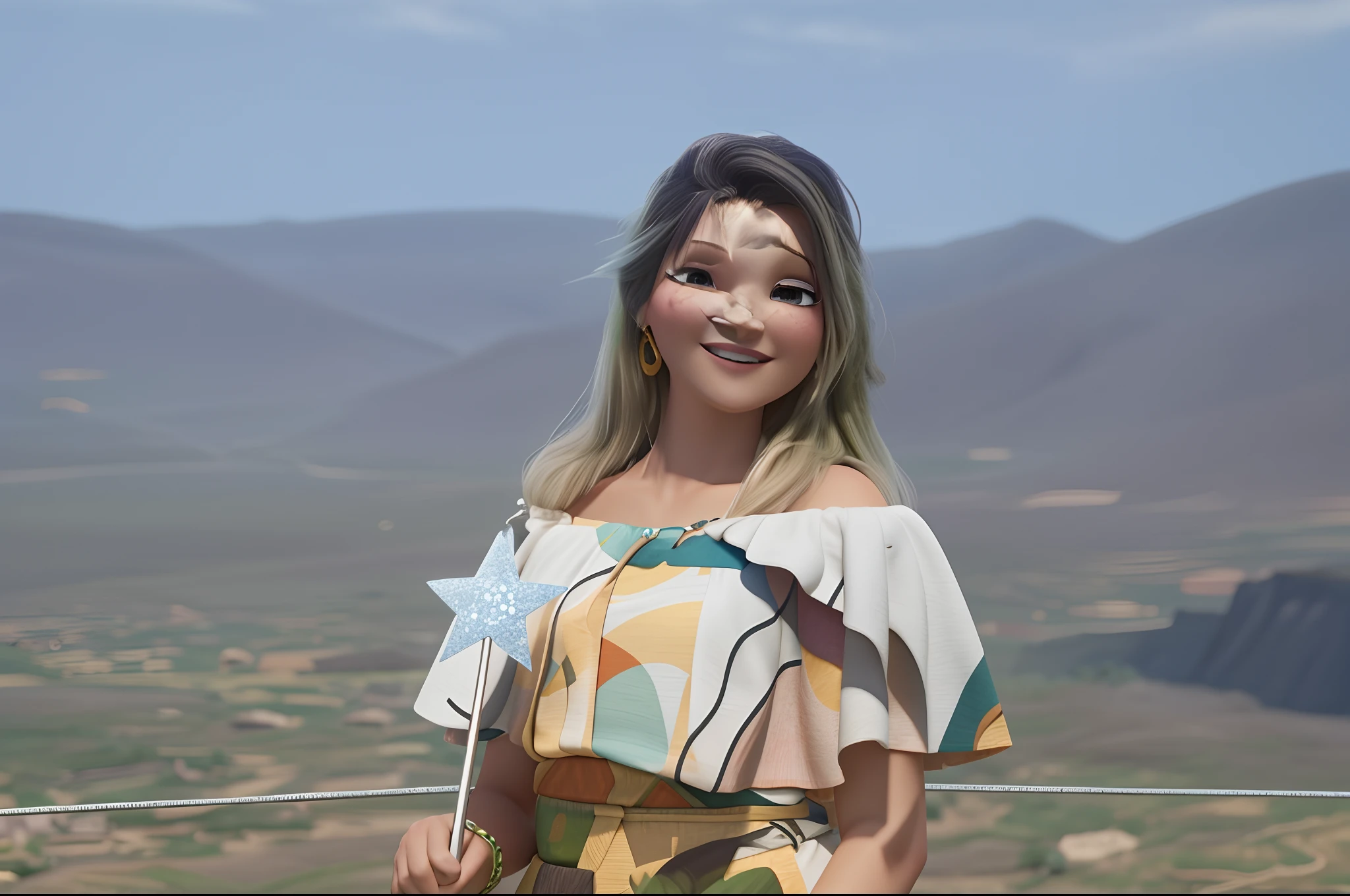 Uma mulher de cabelos loiros, segurando uma varinha magica, no estilo disney pixar