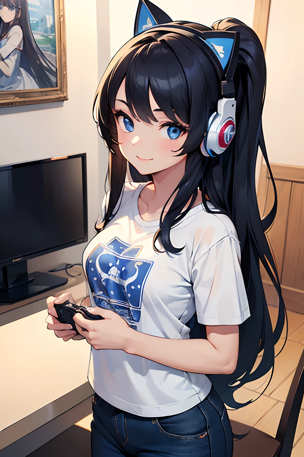 (masterpiece), (ultra high resolution), (extremely intricate), (exquisitely detailed), 1girl, (beautiful gorgeous cute woman), Long hair, beautiful face, cute smile, nice body, (beautiful blue eyes:1,5), black hair, wearing white t-shirt, (console game pattern t-shirt:1,5), wearing denim blue navy, Gaming cat Headset, photo profile