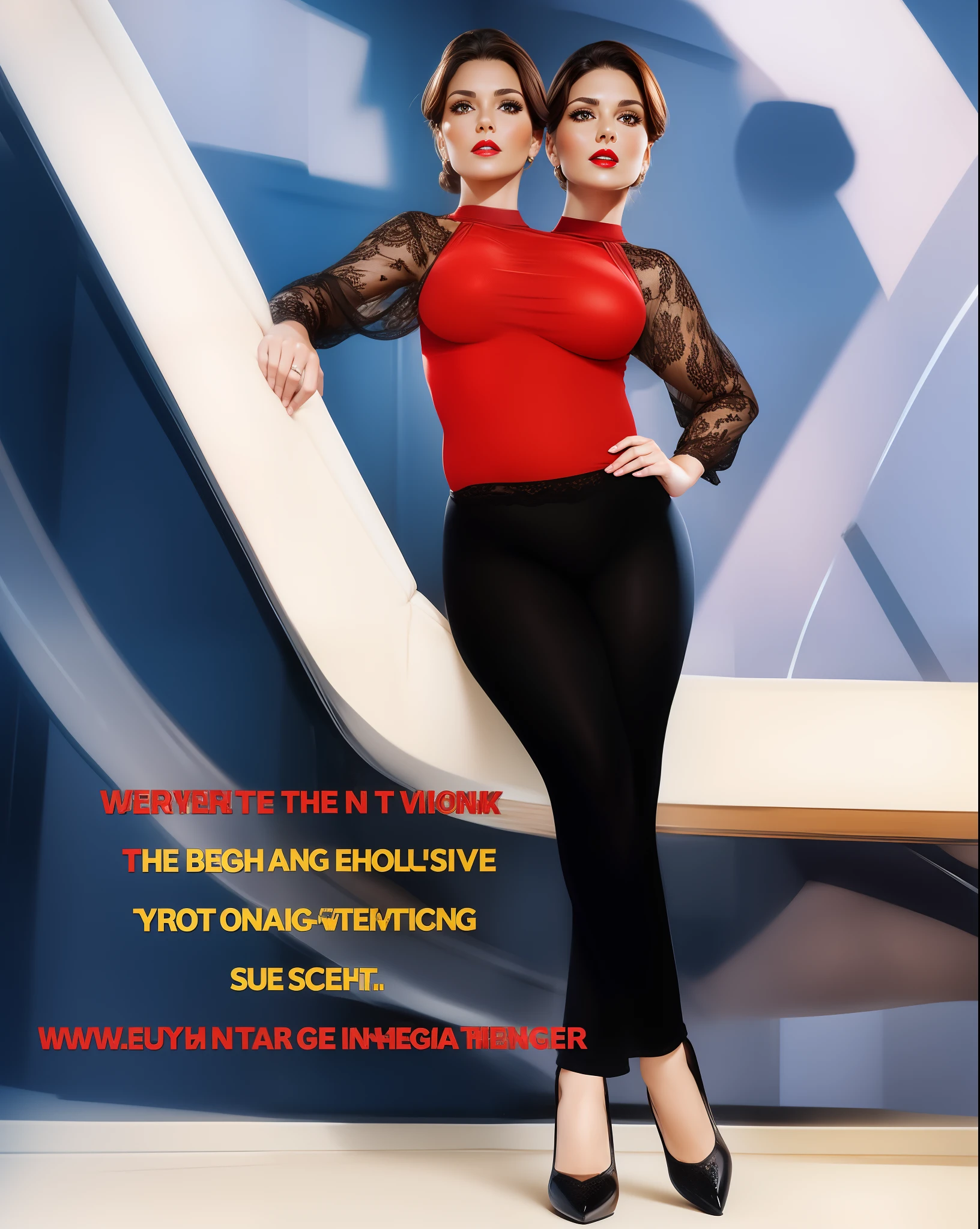 2 heads,Portrait of a 40-year-old woman with brown hair, a captivating gaze, Brown eyes, Wrinkles on her face, Black pantyhose,She wears very sexy lingerie that reveals her big sagging breasts, Light makeup and red lips. 32K