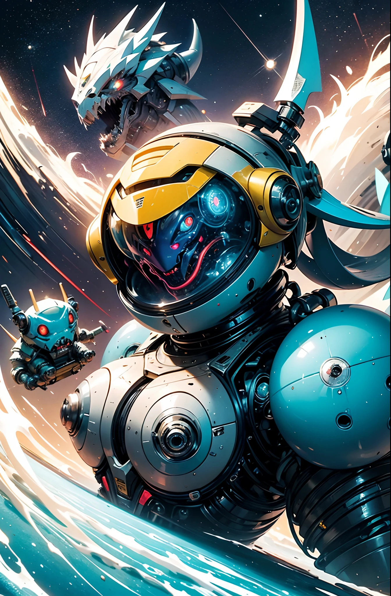 A fantz monster design, Cute robots in space [style-rustmagic]，female robot，Half-human, Cyborgs，Work on the space station，