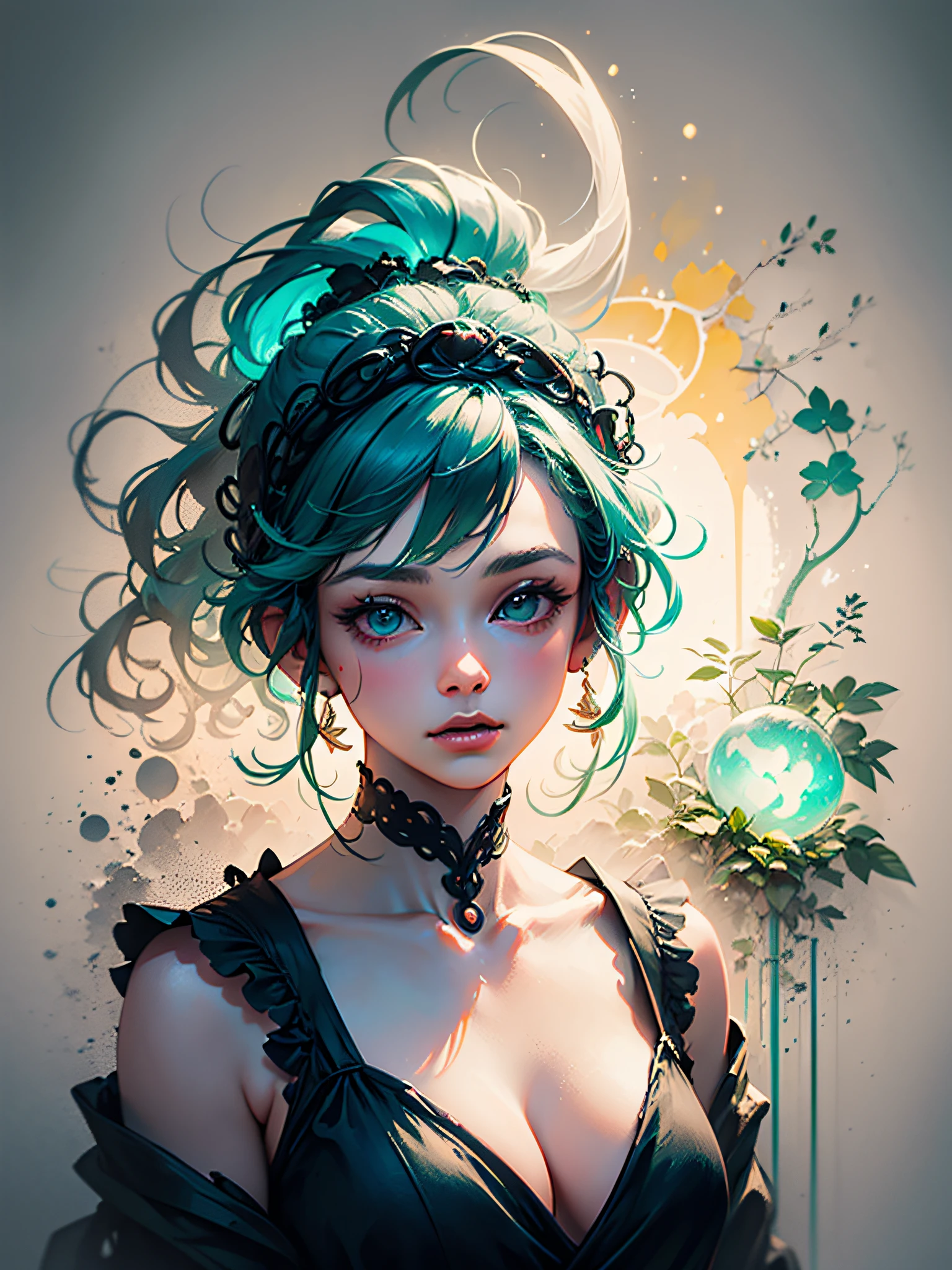 an ultra-realistic and beautiful feminine driada merged with the forest, details in green neon, black and white drawing, maximum quality, 8k, bioluminescent illumination, drawn and painted with pencil.