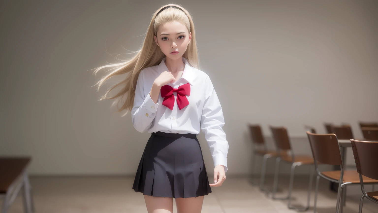 rurichiyokasumioji, rurichiyo kasumioji, long hair, (blonde hair:1.2), (green eyes), hairband, hair pulled back, forehead,
BREAK skirt, shirt, bow, school uniform, white shirt, pleated skirt, socks, miniskirt, bowtie, red bow, kneehighs, brown footwear, black socks, loafers, red bowtie, grey skirt, sleeves rolled up,
BREAK indoors, classroom,
BREAK looking at viewer, (cowboy shot:1.5),
BREAK (masterpiece:1.2), best quality, high resolution, unity 8k wallpaper, (illustration:0.8), (beautiful detailed eyes:1.6), extremely detailed face, perfect lighting, extremely detailed CG, (perfect hands, perfect ???????), (adjusting eyewear:1.2)