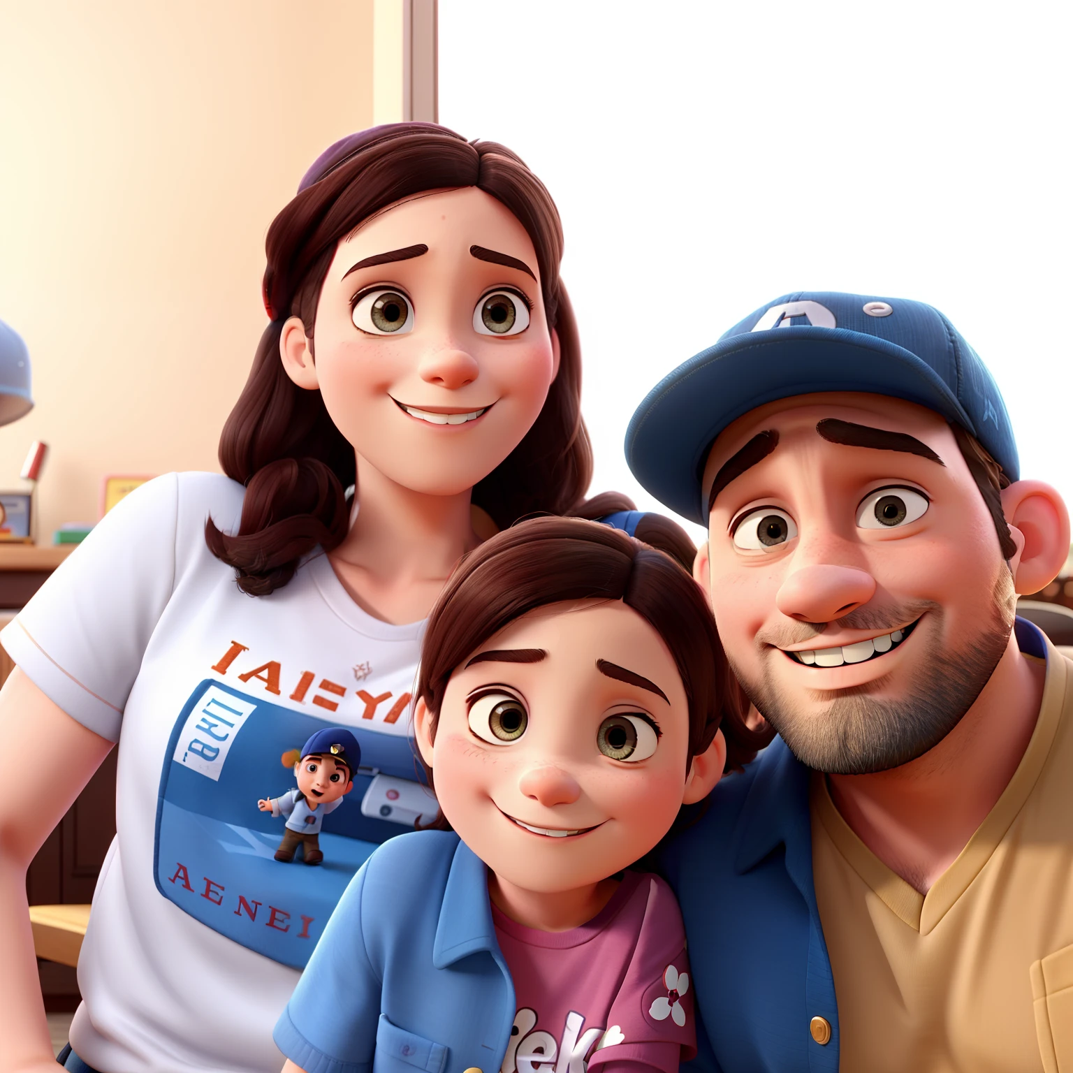 Happy family, 35-year-old man wearing cap with beard and 35-year-old woman, child 6 years old, capa de filme Disney Pixar