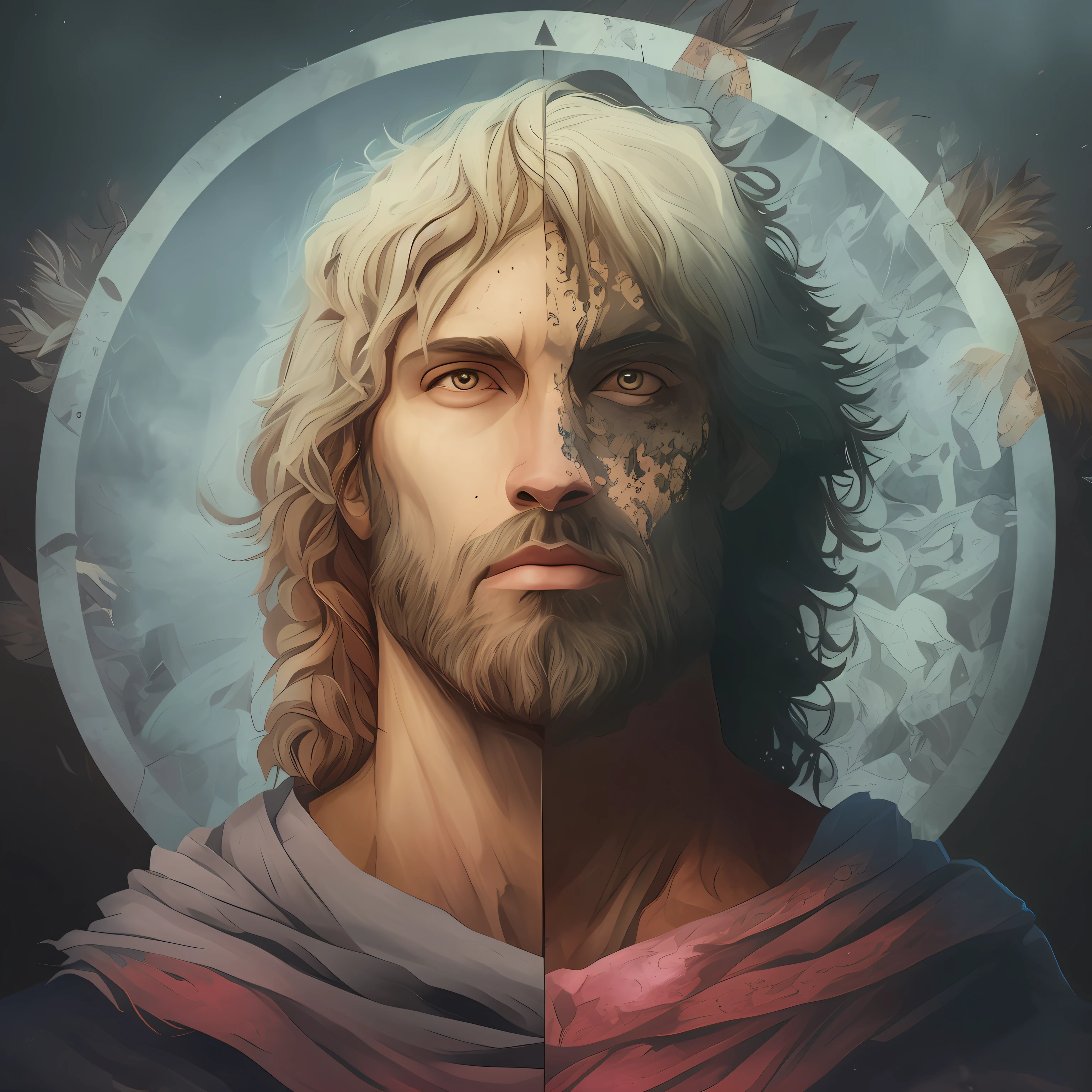 Image of a man with beard and cross on his head, simetria!! Retrato de Hades, fantasy rpg symmetrical portrait, official illustration, arte oficial, Grande arte digital com detalhes, Directed by: Adam Marczyński, simetria!! Retrato de Ciborgue, Directed by: Emiliano Di Cavalcanti, fanart detalhado, Arte digital escura, mas detalhada