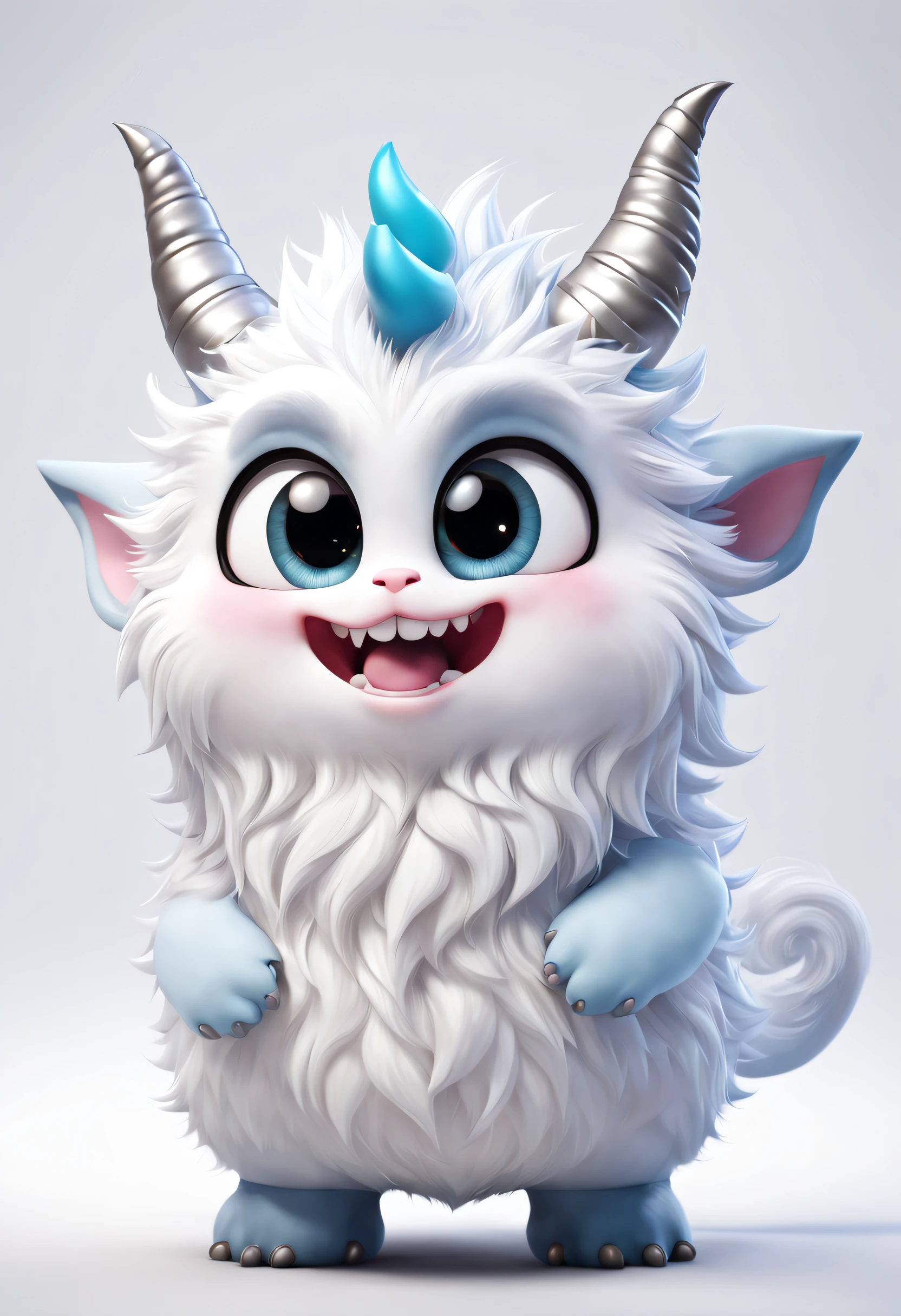 Prompt: Furry cartoon monsters, plushies, oval
There is a silver horn on the body,
Smile, White, tchibi, kawaii, Big head, Looking up,
Front view, White background, Studio lighting,
C4D minimalist style, True-to-life hyper-detailed
rendering