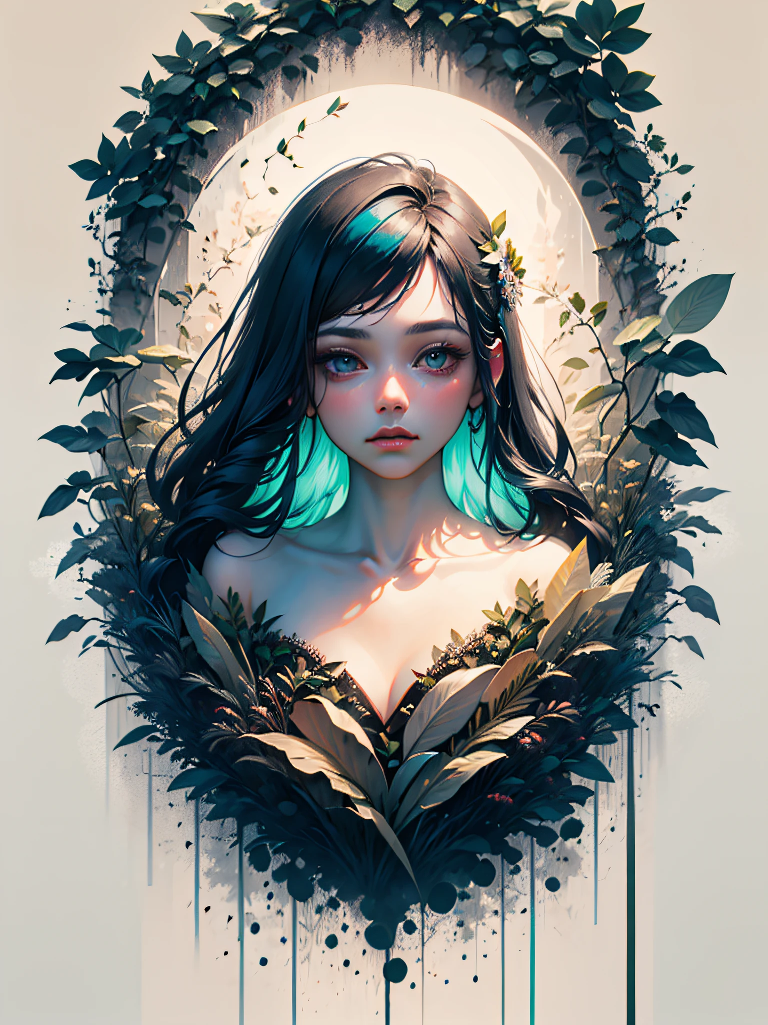 an ultra-realistic and beautiful feminine driada merged with the forest, details in green neon, maximum quality, 8k, bioluminescent illumination, drawn and painted with black and white pencil.
