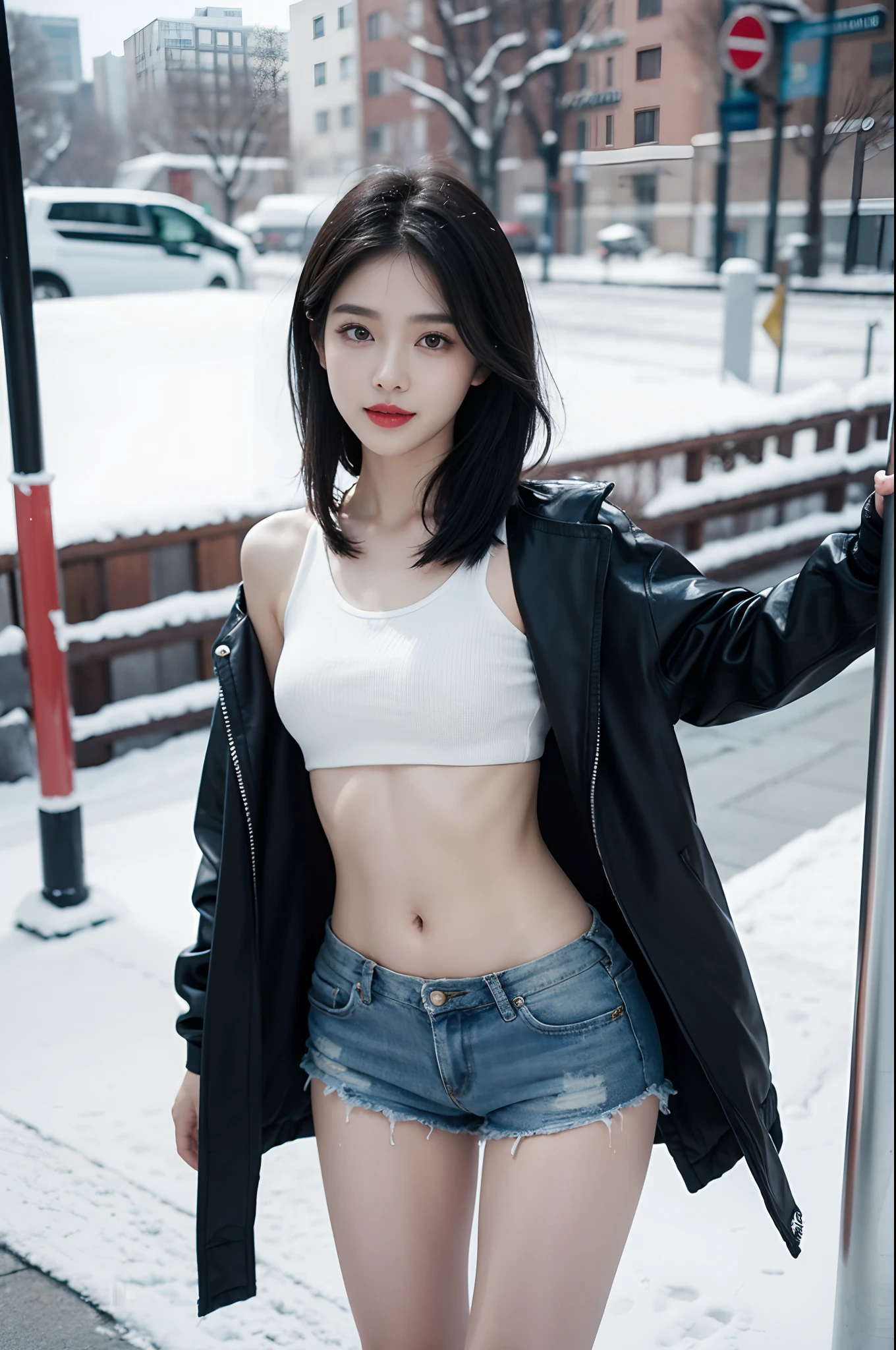 ((smallunderboob,Tomboyish,small heads)), (Well-defined abs: 1.1), (perfect bodies: 1.1), (short-length straighthair: 1.2), Black hair,attractive collarbone，（极其细致的CG 8k壁纸），（Extremely refined and beautiful），（tmasterpiece），（best qualtiy：1.0），（超高分辨率：1.0），upper body photos，[A high resolution]，A beautyful girl，cheerfulness，ssmile，Smooth and flawless fair skin，ultra - detailed ，Elongated legs，flatchest，Slim，emaciated，Winters，atarctive，Frozen，White mink coat，Open，White bra，short white pants，Ride a polar bear，Realistic polar bear in perfect detail，Close-up，the night，starrysky，aurora borealis
