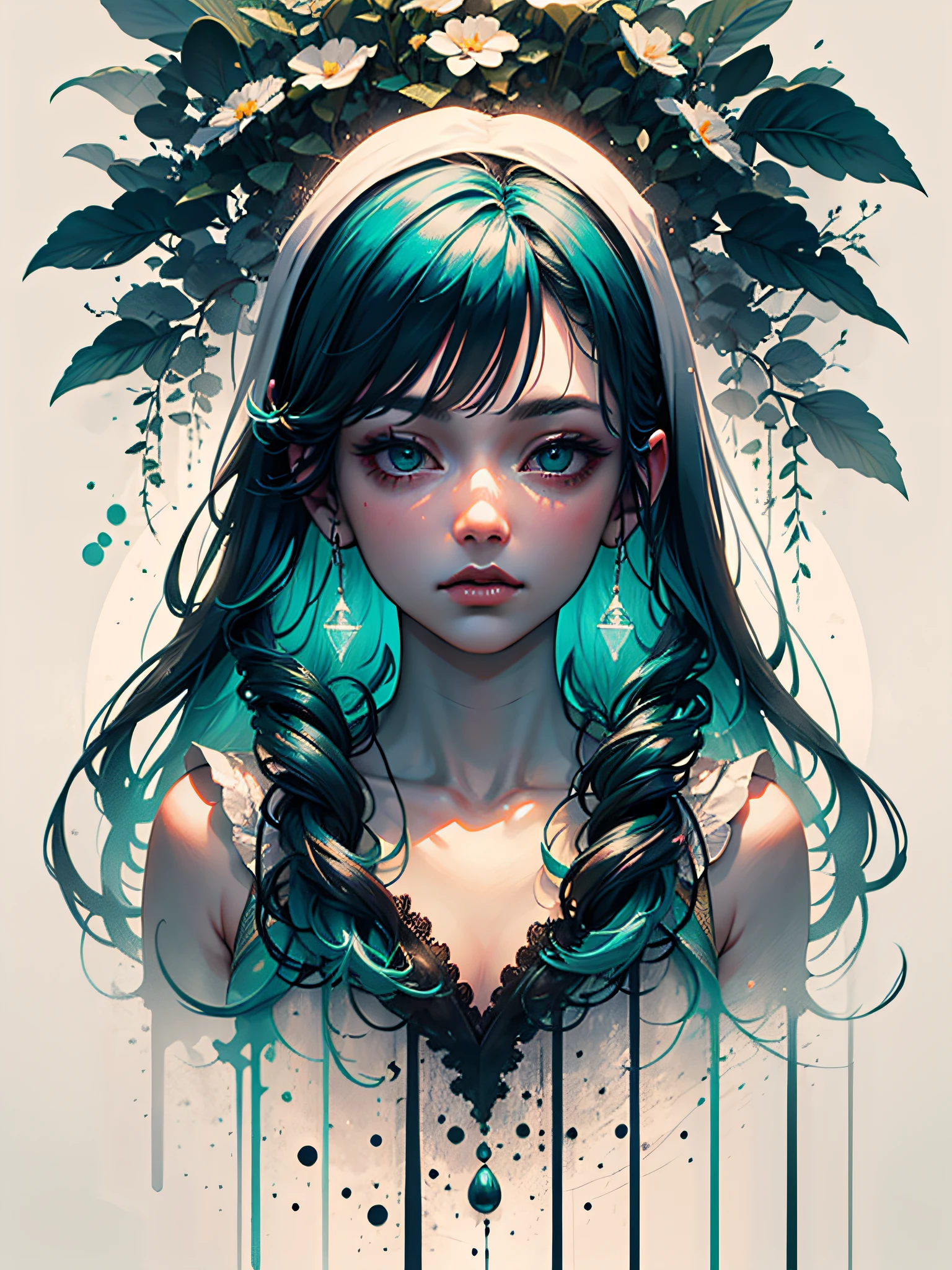 an ultra-realistic and beautiful feminine driada merged with the forest, details in green neon, maximum quality, 8k, bioluminescent illumination, drawn and painted with black and white pencil.