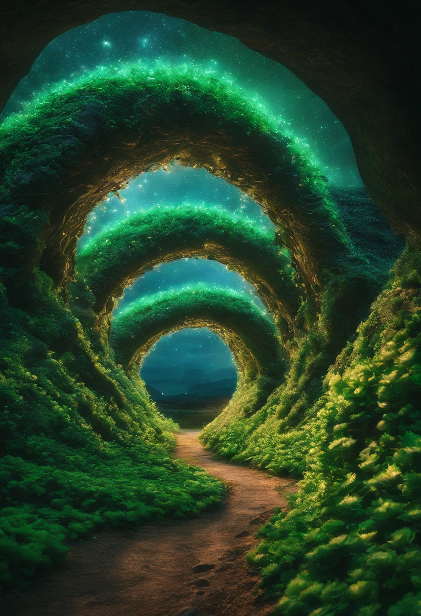 Close-up of a snowy road with green flowers, Tunnel to winter, Portal made of green roses, In a green dream world, Surreal green flowers bloom, Snow cave, The atmosphere of green flowers floating in the sky, Magic Green Flowers, by Anna Haifisch, very magical and dreamy, marc adamus, Truly beautiful nature, Beautiful nature, blossoming path to heaven、Alien Lair、There are aliens、Alien Eggs