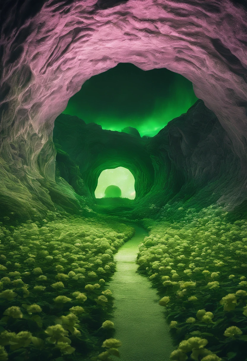 Close-up of a snowy road with green flowers, Tunnel to winter, Portal made of green roses, In a green dream world, Surreal green flowers bloom, Snow cave, The atmosphere of green flowers floating in the sky, Magic Green Flowers, by Anna Haifisch, very magical and dreamy, marc adamus, Truly beautiful nature, Beautiful nature, blossoming path to heaven、Alien Lair、There are aliens、Alien Eggs