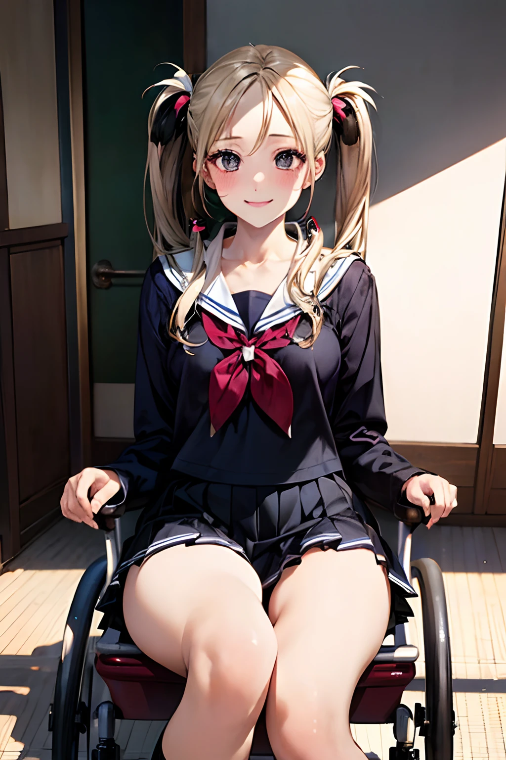 (masutepiece:1.2, top-quality), (Realistic, Photorealistic:1.4), Beautiful illustration,
Looking at Viewer, Looking away, Full body,
1 girl, Japanese, High School Girl, (Long hair:1.4), (Twin tail:1.7), Large breasts:0.8, White skin
Beautiful hair, Beautiful face, Beautiful detailed eyes, Beautiful collarbone, Beautiful body, Beautiful chest,Beautiful thighs with a thick belt,Black knee pads, beautiful legs, exoskeleton
(Beautiful scenery), Autumn, crass room, a desk, a chair,
((cute school uniform, Long sleeves, Pleated skirt, Sailor collar, scarf)), White panties, shoes,
Sitting, Sitting in a wheelchair, Spread legs, ((Female masturbation)),
(Seductive smile, Ashamed, Tremble),