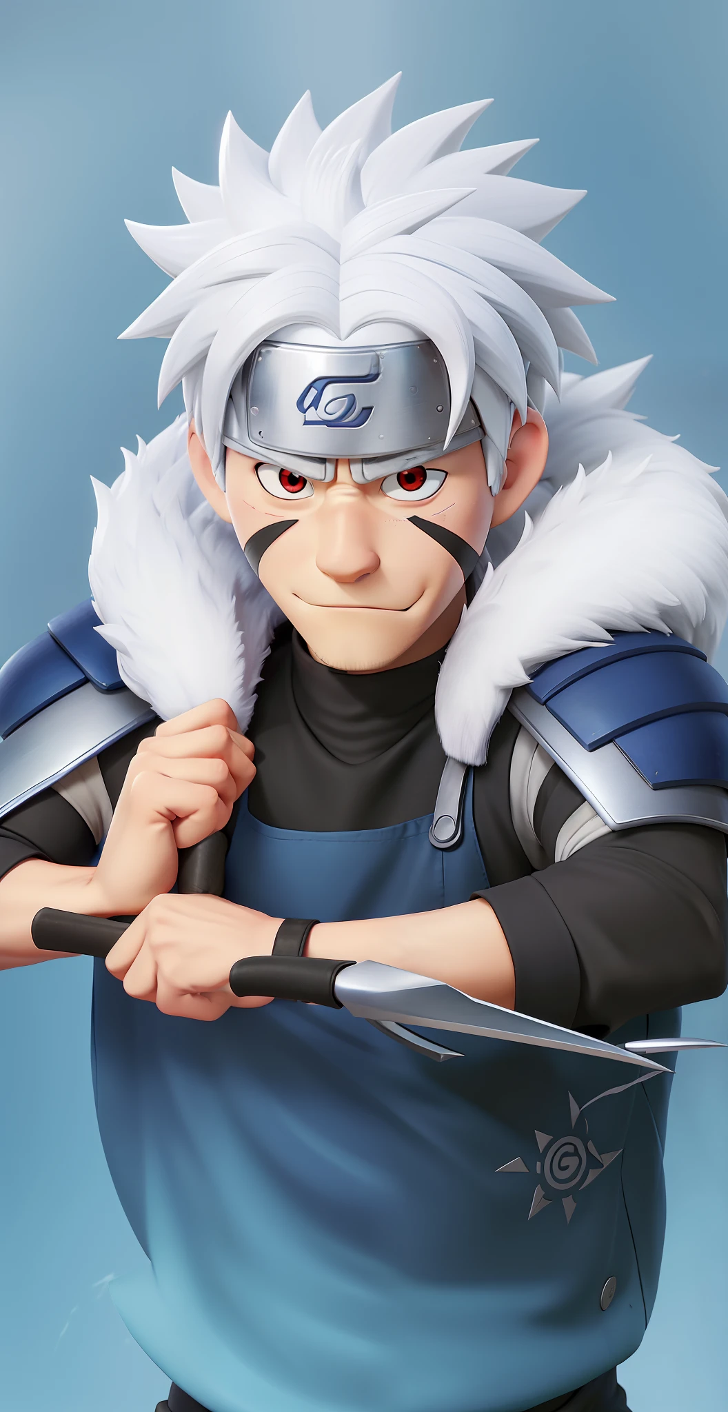 Tobirama is the 2nd Hokage character in the Naruto anime. He is a mature man who is more or less 35-40 years old. Has red eyes with a sharp gaze. He wielded a Kunai which was a knife-like weapon. He has white hair, wears a silver k-plate with the Konoha logo encircling his face except his chin. He has 3 sharp red lines on his face, between them on the sides of his cheeks, and on his chin. he wears blue armor from iron and inside a black long-sleeved shirt. On the shoulders to the back there is white fur