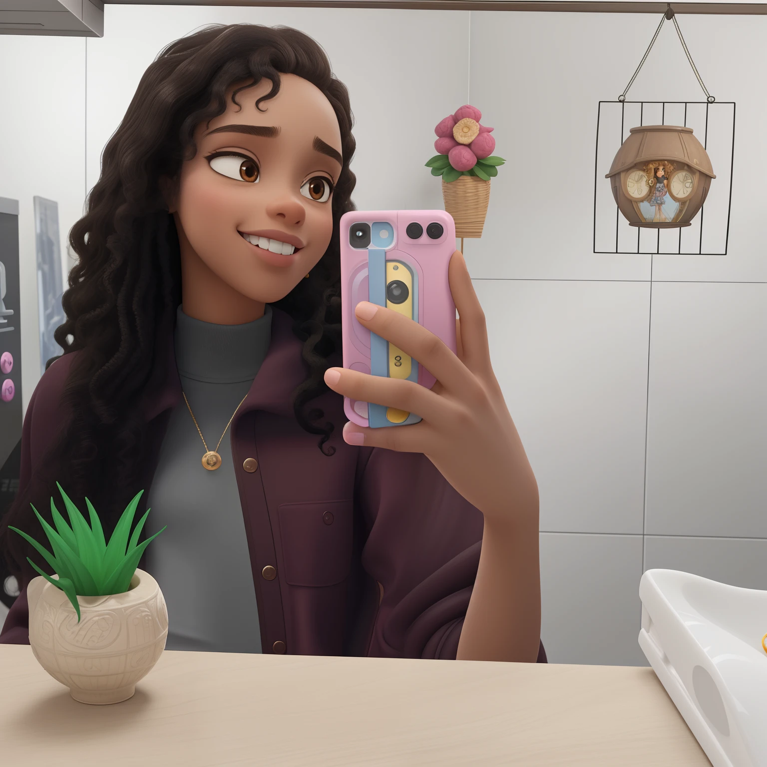 A 16-year-old ager, long curly hair, compressed and curly hair, brown skin, big eyes, with a cell phone in her hand, looking in a mirror. Pixar world style, High quality, Disney 3D 4K