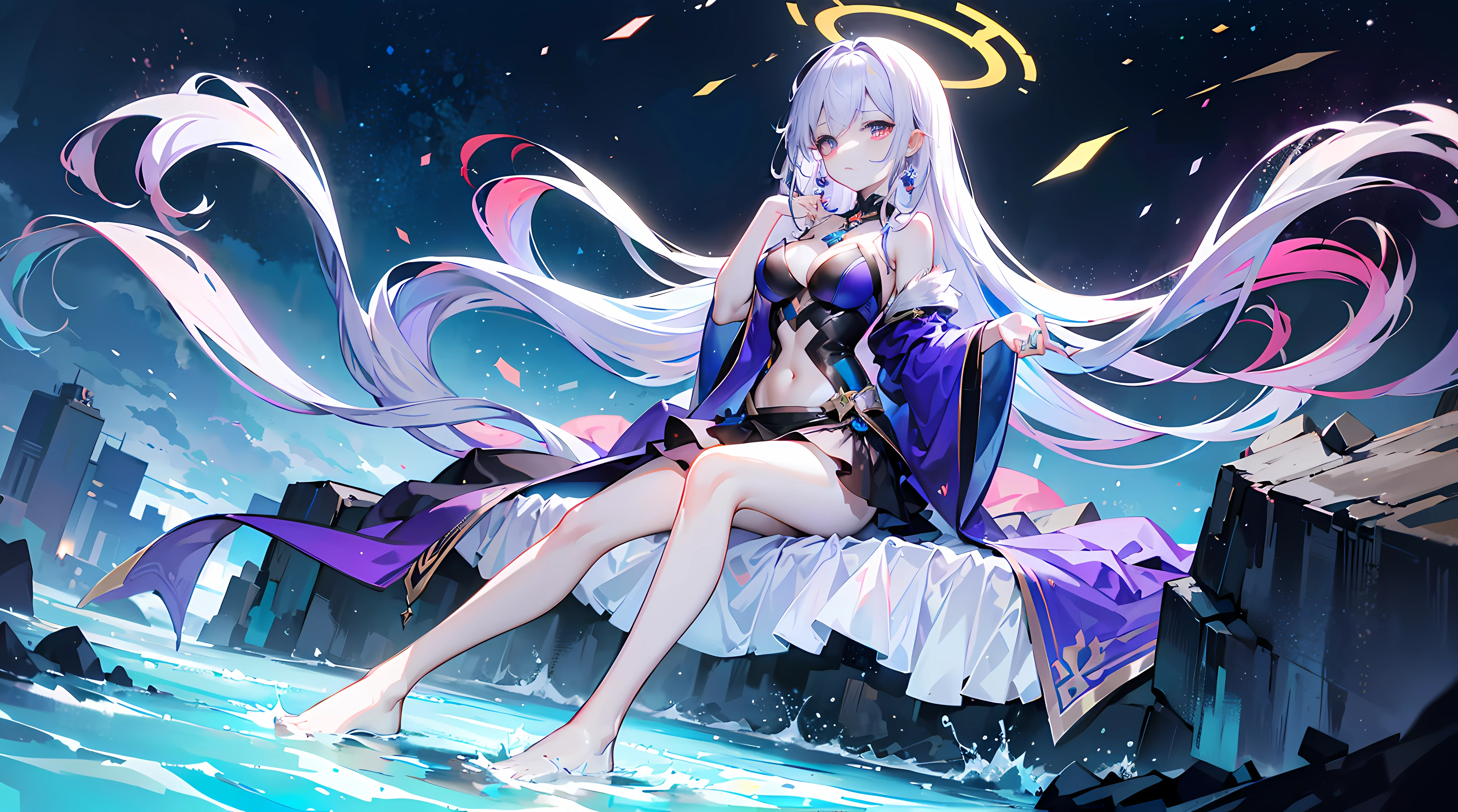 Lilac gradient hair,Asymmetrical hair,((Very voluminous hair 1.8,Hair is well-defined1.6)), hair over shoulders, Messy hair, Very long hair, Shiny hair,(Long hair:1.2),a beauty girl,Sumptuous violet mini skirt,(Clothes transparent 1.8),perfect bodies,Tall and tall,slenderness,(Looks sad,face drawn and pale,grieves,closing the mouth:1.2) Set against the backdrop of a brilliant dark starry sky,On your stomach,One hand supports his head,Round, Medium large, Firm breasts,Barefoot,afloat,waterface,long leges,long leges,long leges,Perfect leg shape,Full body photo。