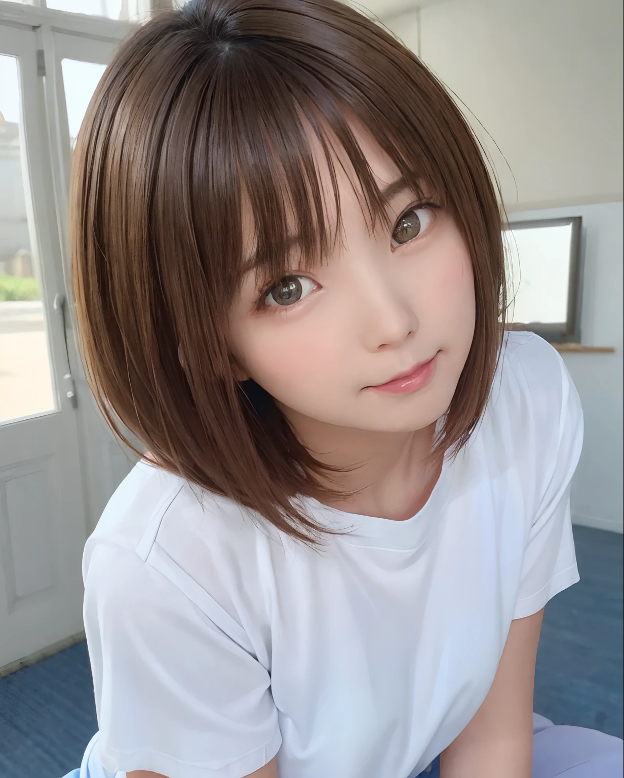 highest quality、Super detailed、masterpiece、realistic、photoreal、one girl、(cute17歳の女の子、small head)、(cute:1.2)、big smile、(brown hair、short bob hair)、eyes are brown、perfect shiny skin、((thin))、((perfect body))、model pose、accurate depiction、perfect face、Brown cardigan、white shirt、off shoulder、flat body、slim、cuteタイプ、Look at this、bright lighting、sunny day、Cafe、Terrace background,think back